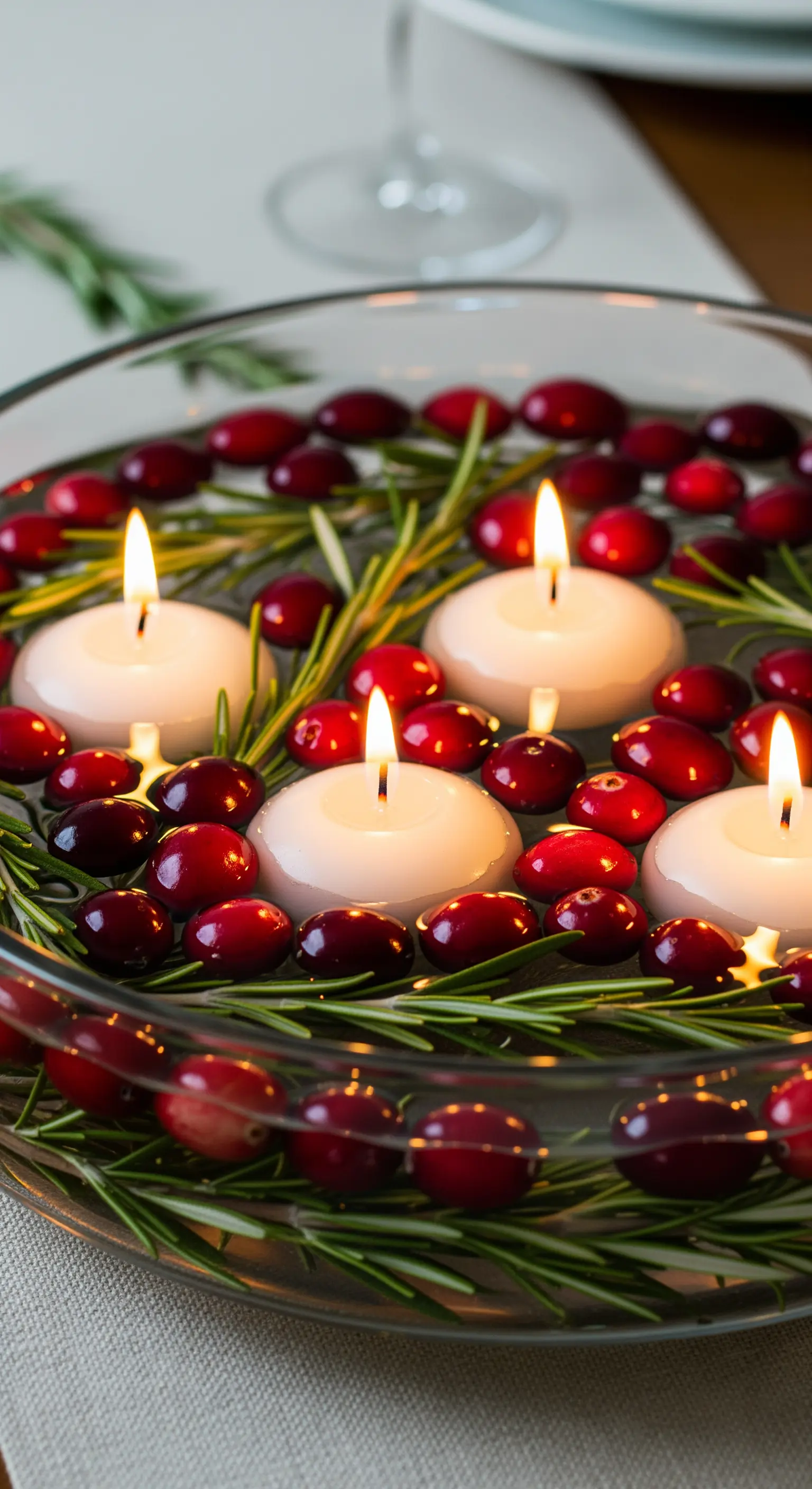 Schwimmende Kerzen in einer Glasschale mit Cranberrys und Rosmarin als Tischdeko.