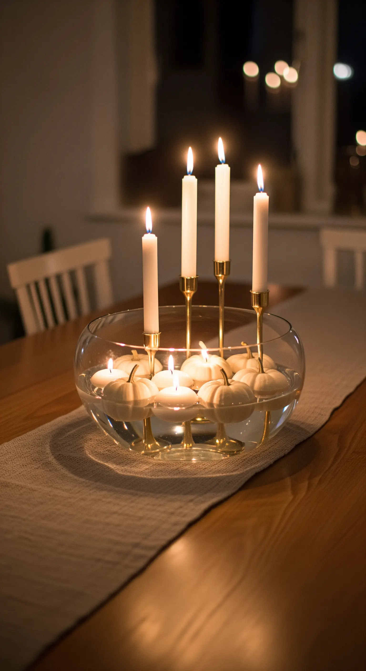 Glasschale mit schwimmenden Kürbissen, Teelichtern und hohen Kerzen