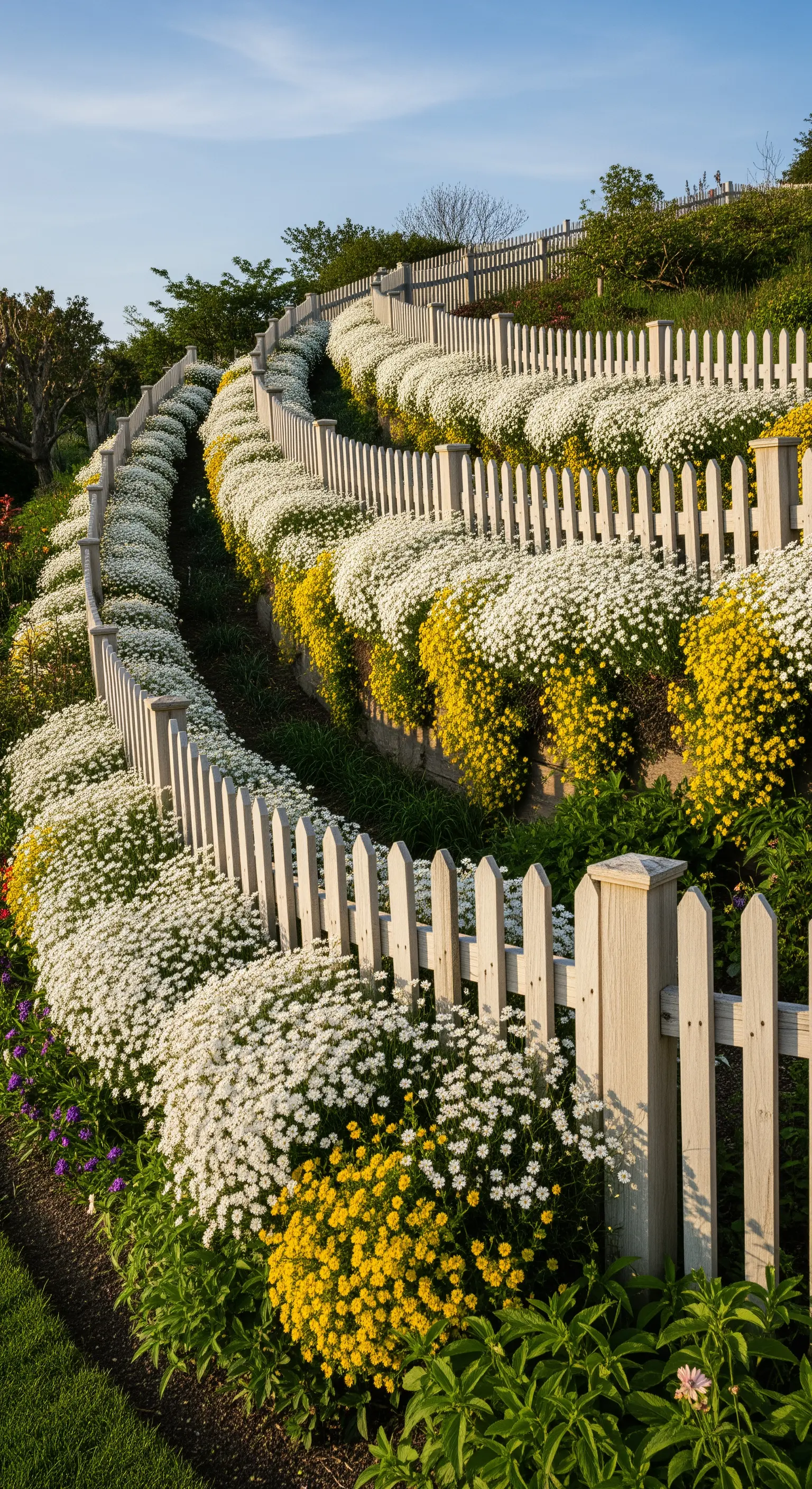 Weißer Lattenzaun in Hügellandschaft mit weißen und gelben Bodendeckerblumen
