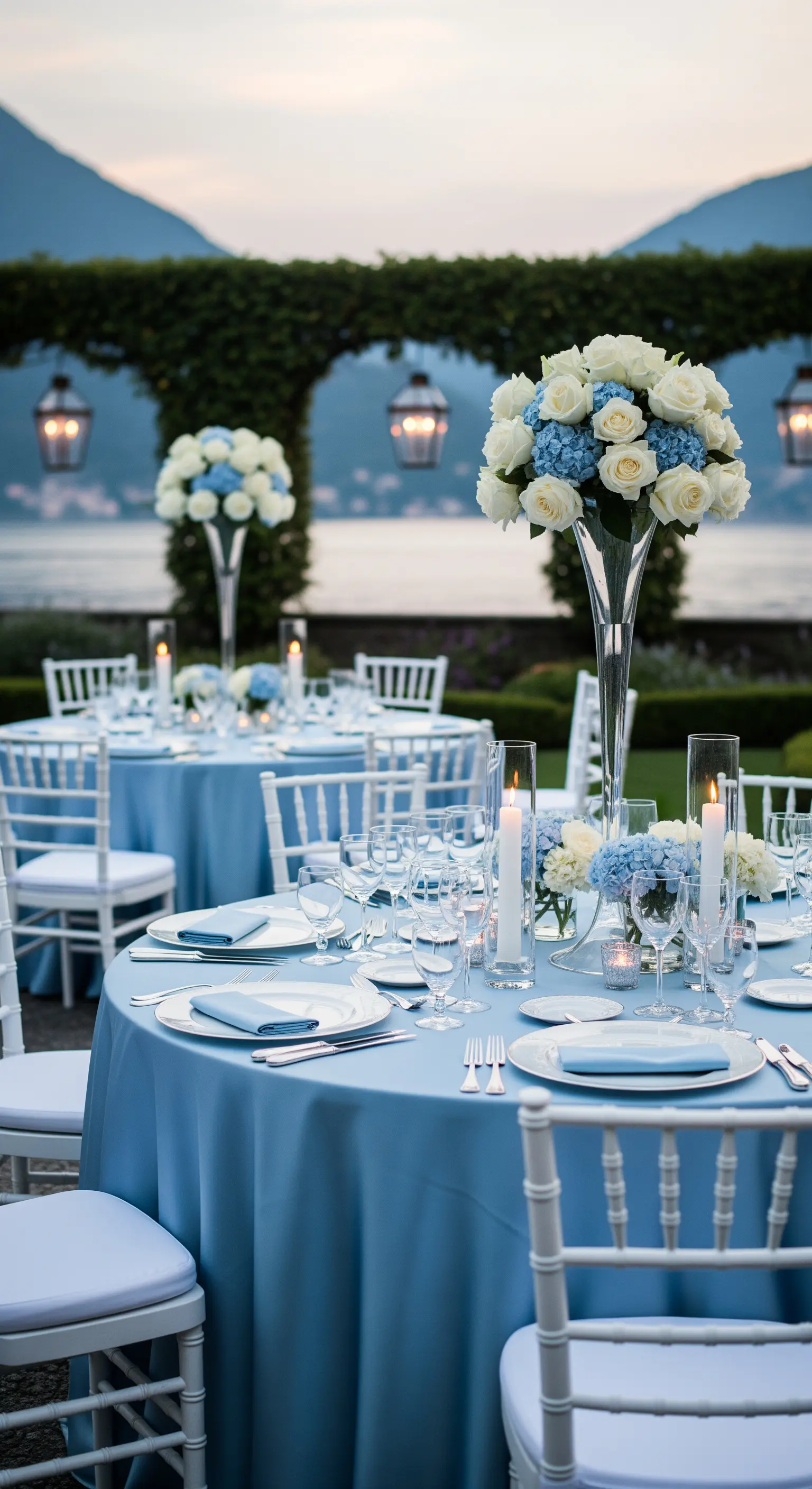 Elegante Tischdeko in Blau und Weiß mit hohen Glasvasen am See.