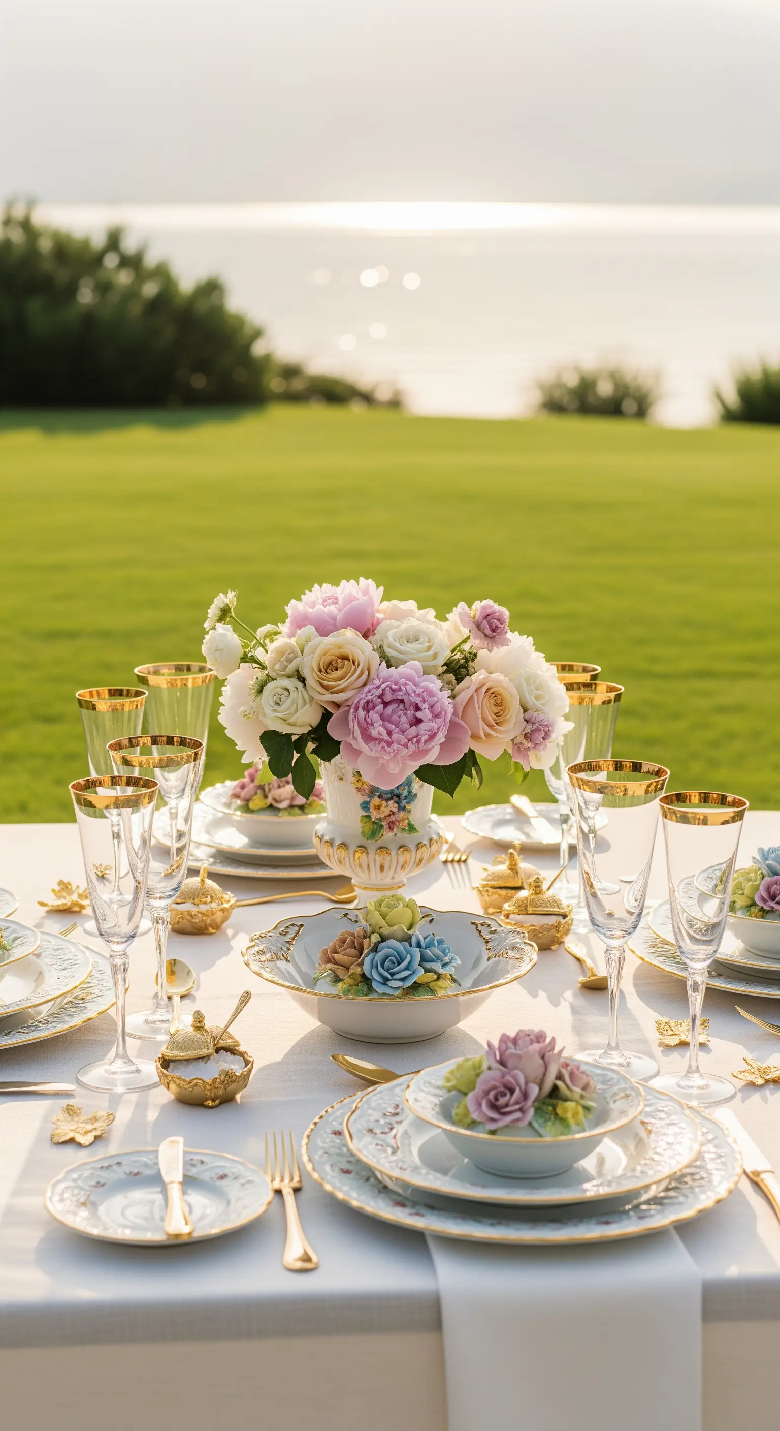 Tafel am Meer mit Pastellblumen, Gold-Porzellan und kleinen goldenen Dekorationen