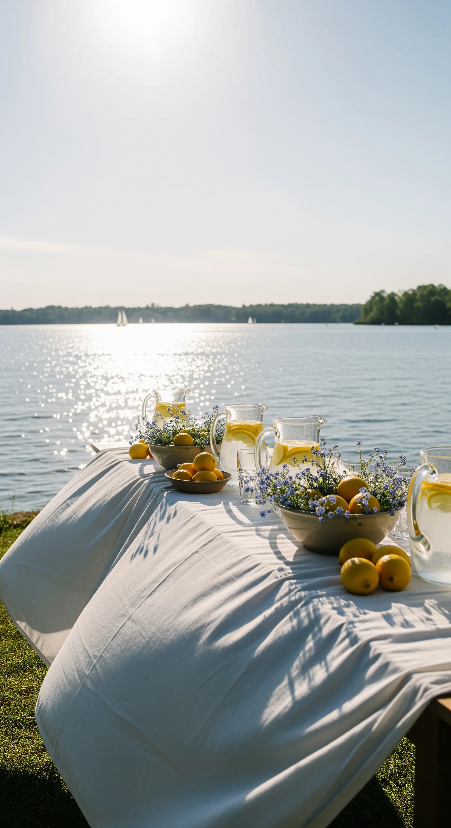 Brunchtisch am See mit weißer Tischdecke, blauen Blüten, Zitronen und Wasserkrügen