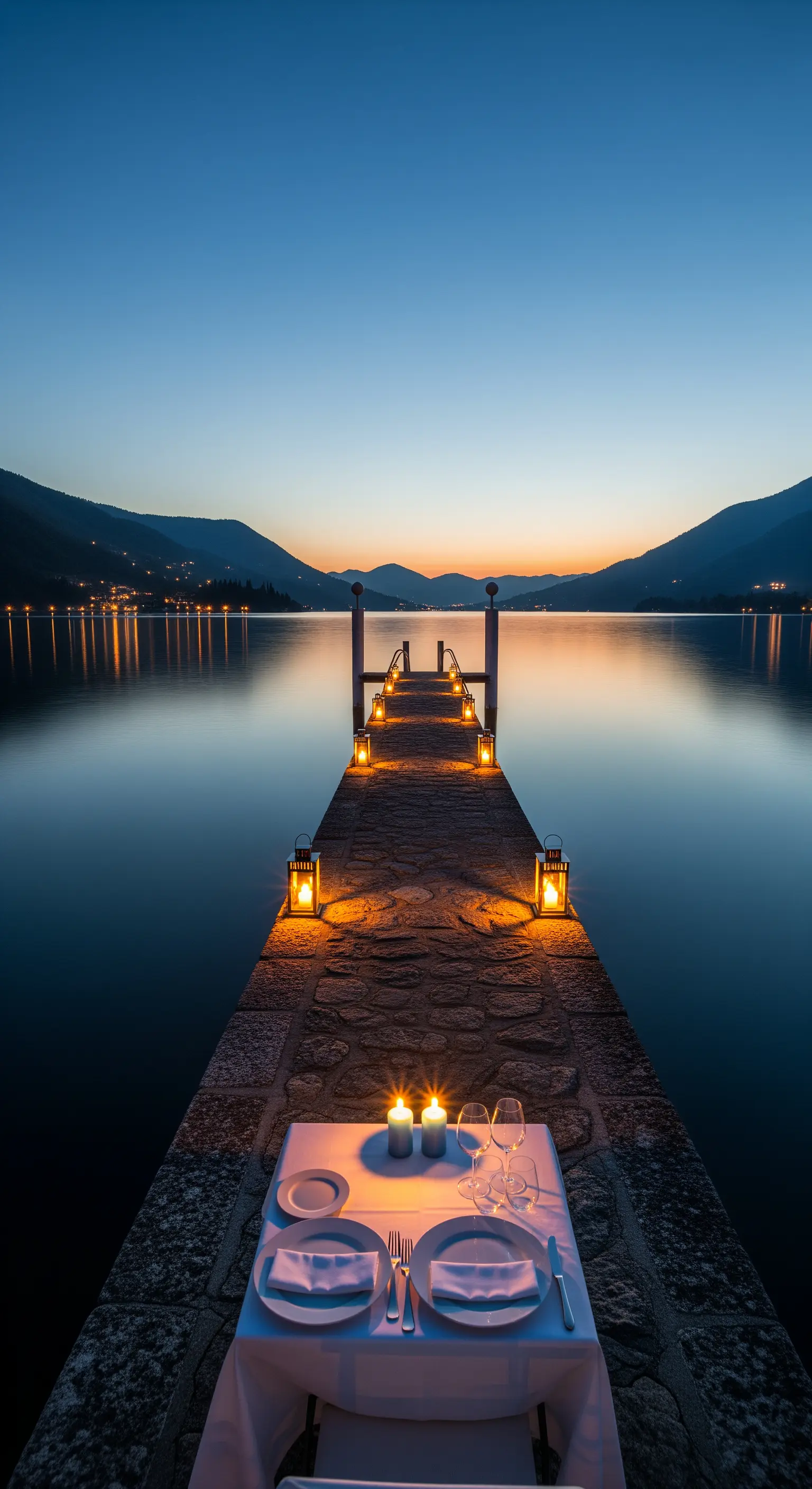 Kleiner Tisch mit weißen Kerzen auf einem Steg mit Laternen bei Sonnenuntergang über einem See.