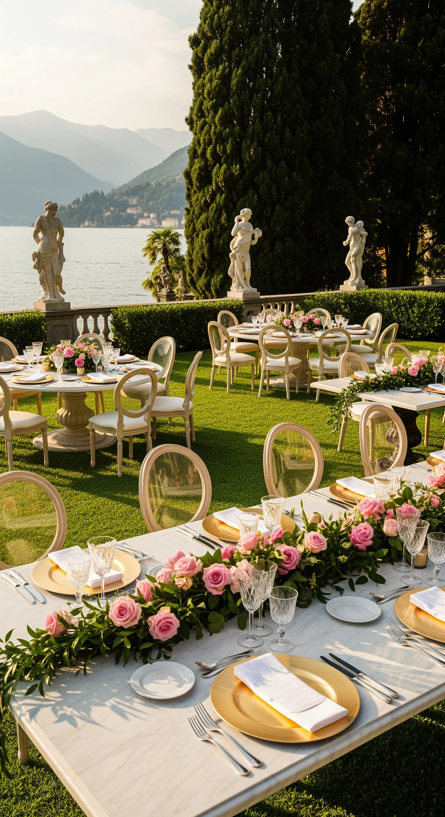 Seeufer-Tafel mit rosa Rosengirlanden, goldenen Platztellern auf Marmortisch.