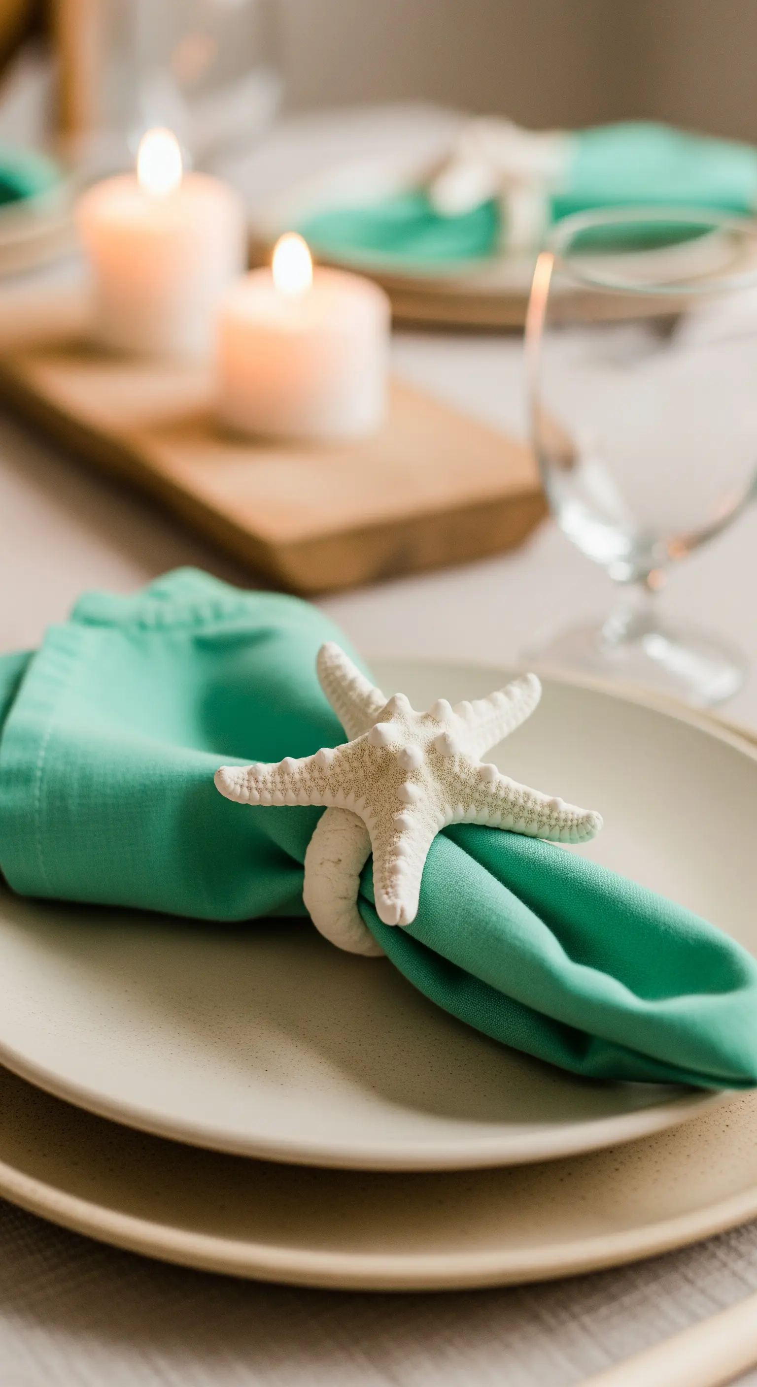 Nahaufnahme einer mintgrünen Serviette, gehalten von einem weißen Seestern-Serviettenring.