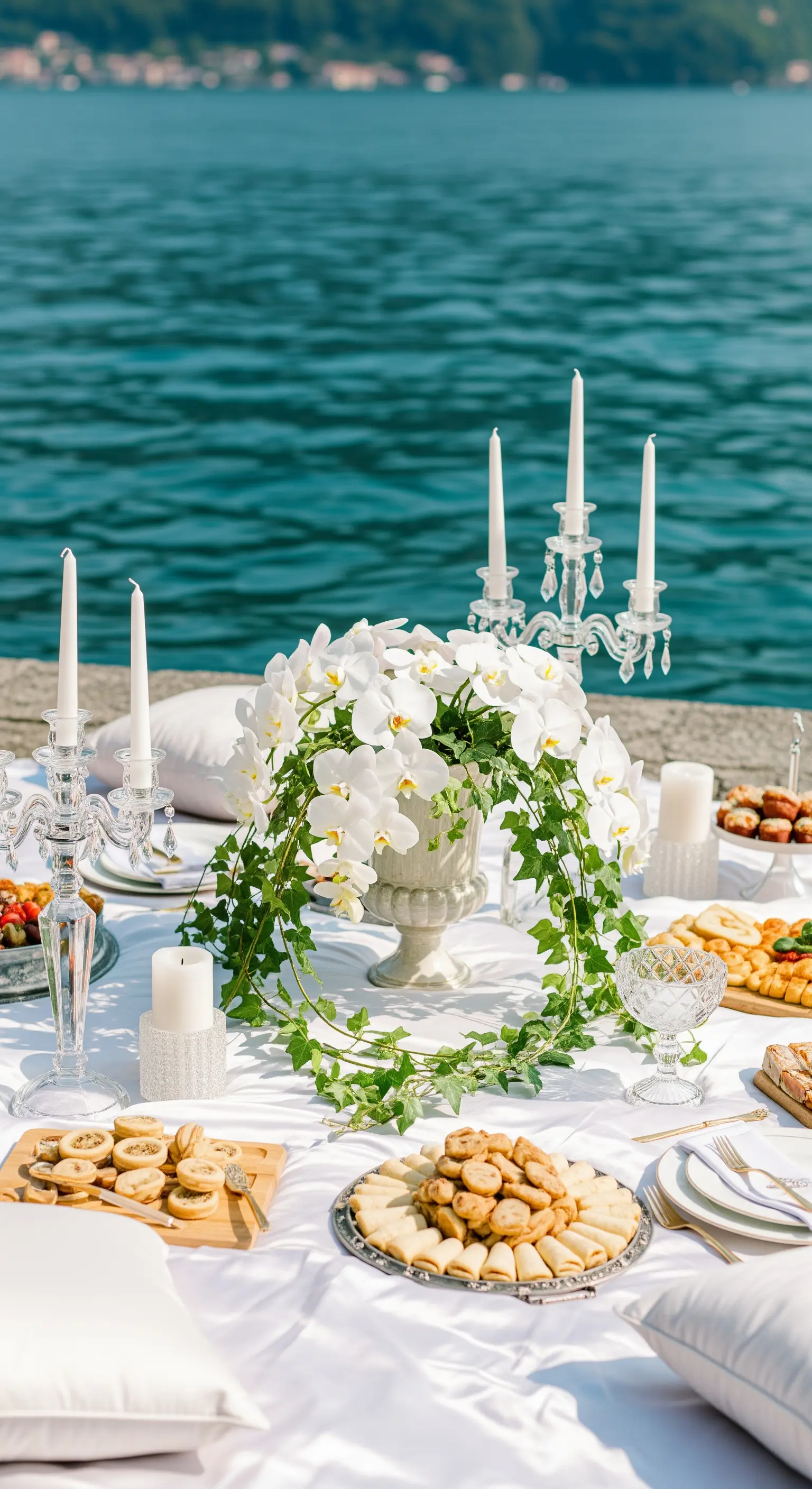 Picknick am See mit weißen Orchideen, Efeukranz, Kristall-Kandelabern und weißen Kissen.
