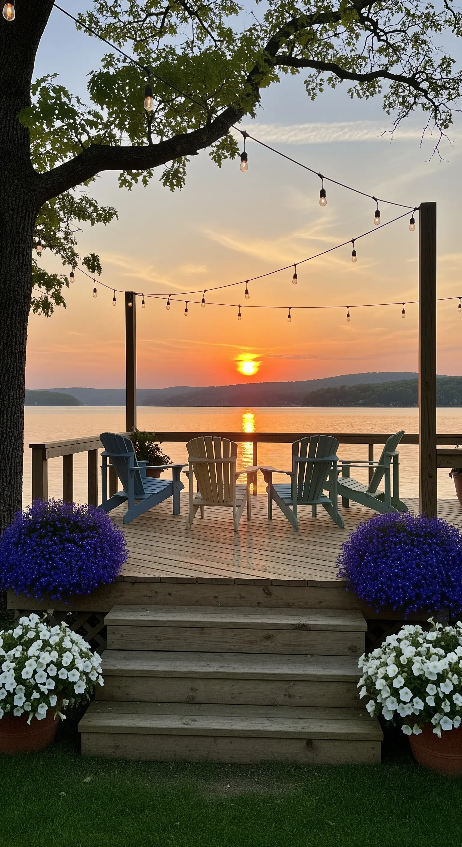 Seeufer-Terrasse mit Adirondack-Stühlen, Blumen in Töpfen, Lichterketten bei Sonnenuntergang