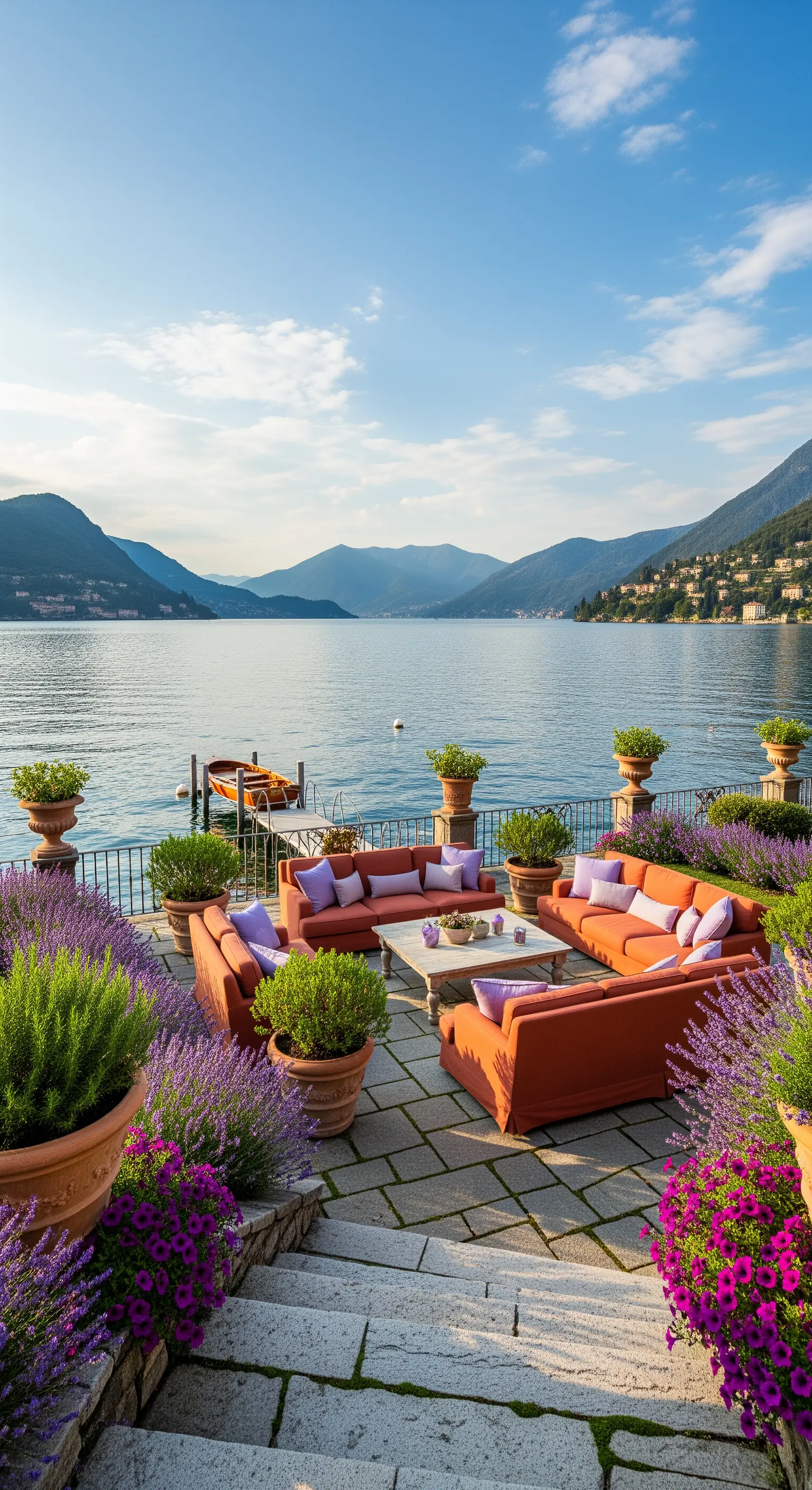 Seeufer-Lounge mit terrakottafarbenen Sofas, Lavendel und Seeblick