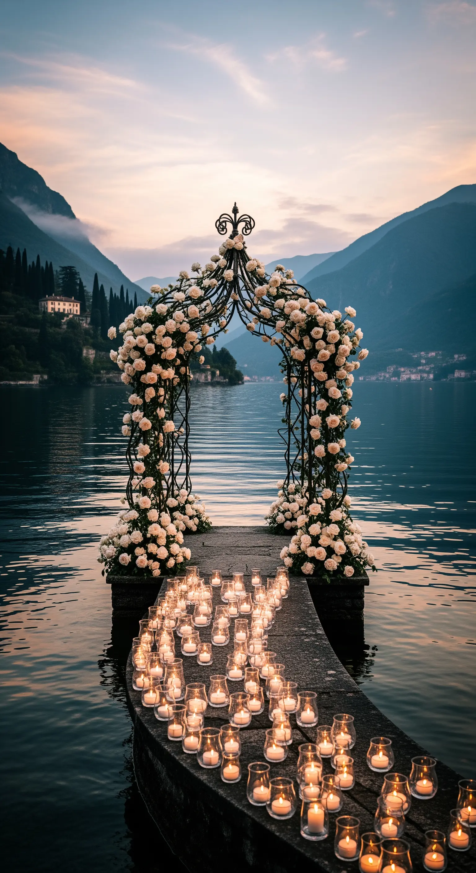Rosenbogen mit weißen Rosen auf Steg mit Kerzenlicht am Seeufer bei Dämmerung