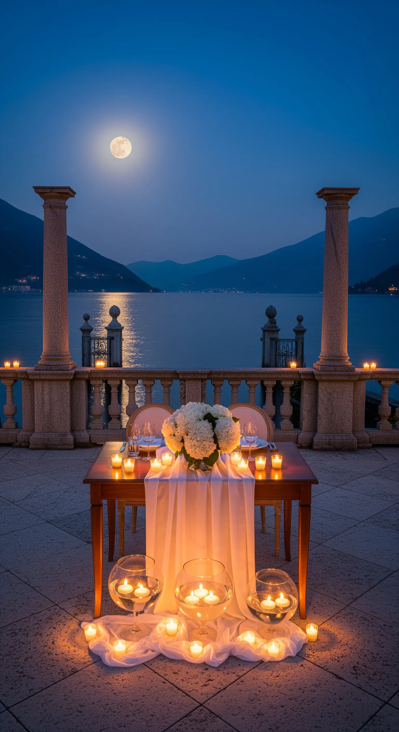 Romantische Tafel mit Kerzenmeer, weißem Blumenstrauß und Seeuferblick bei Mondschein