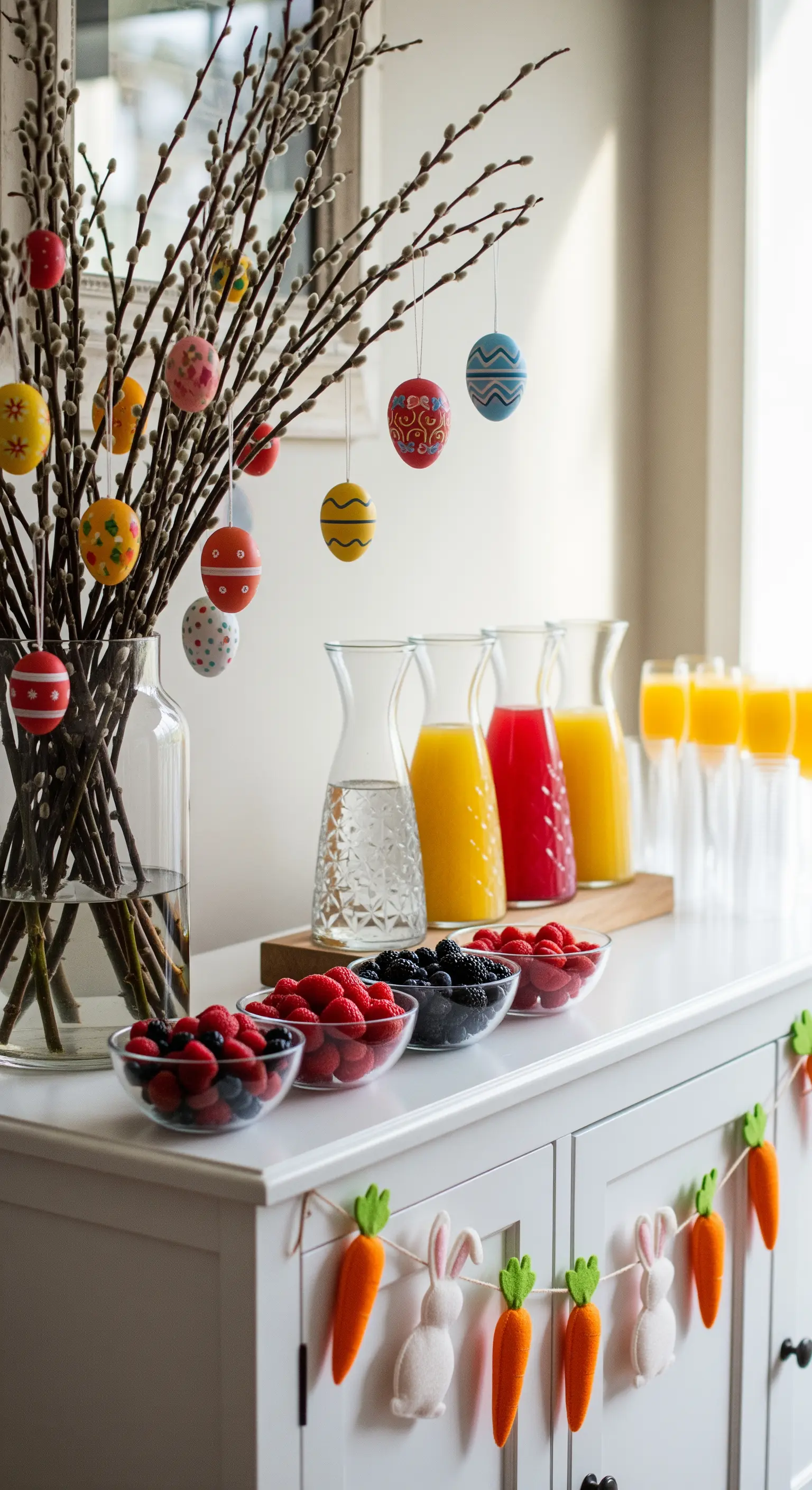 Selbstbedienungs-Bar mit Säften, Beeren und Ostereiern an Birkenzweigen.
