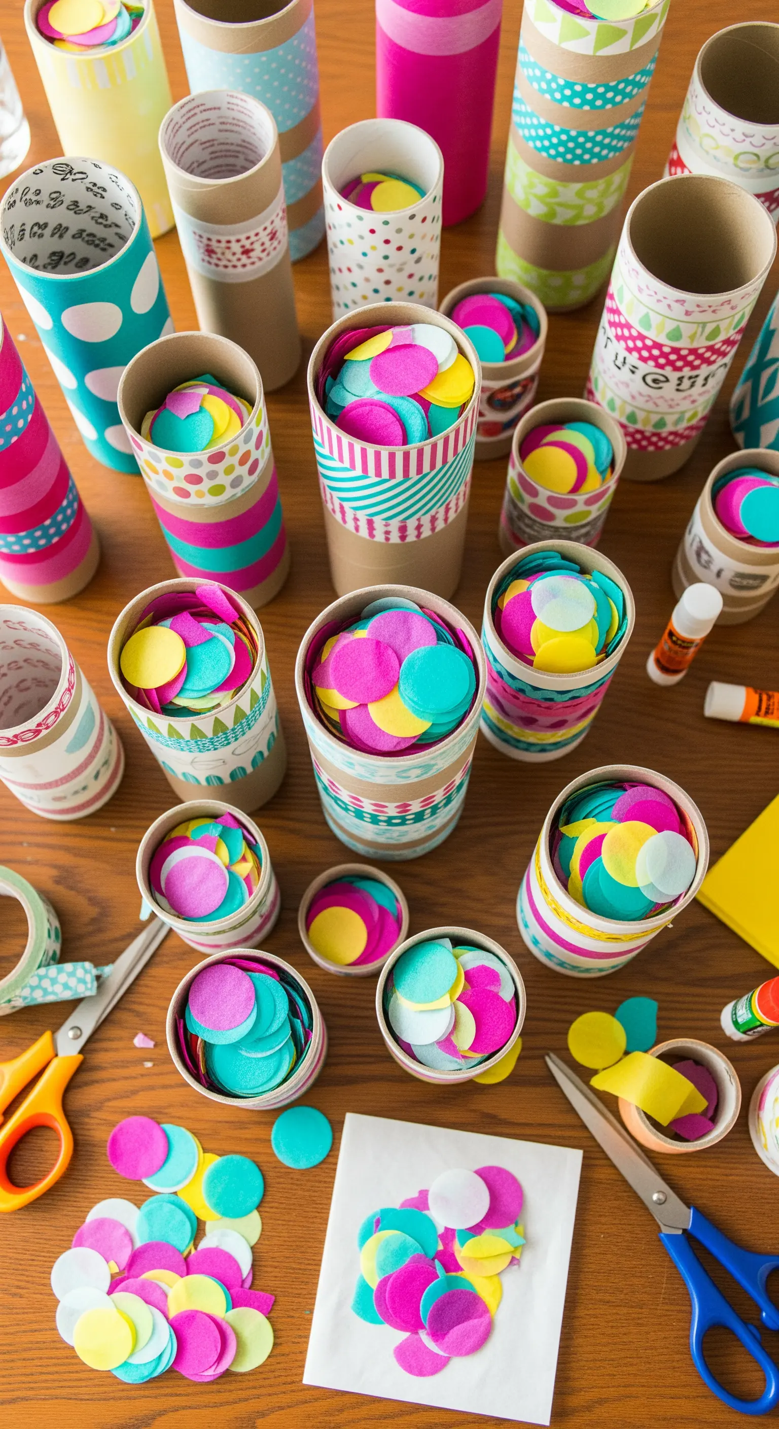 DIY Konfetti-Popper aus Papprollen mit bunten Mustern.