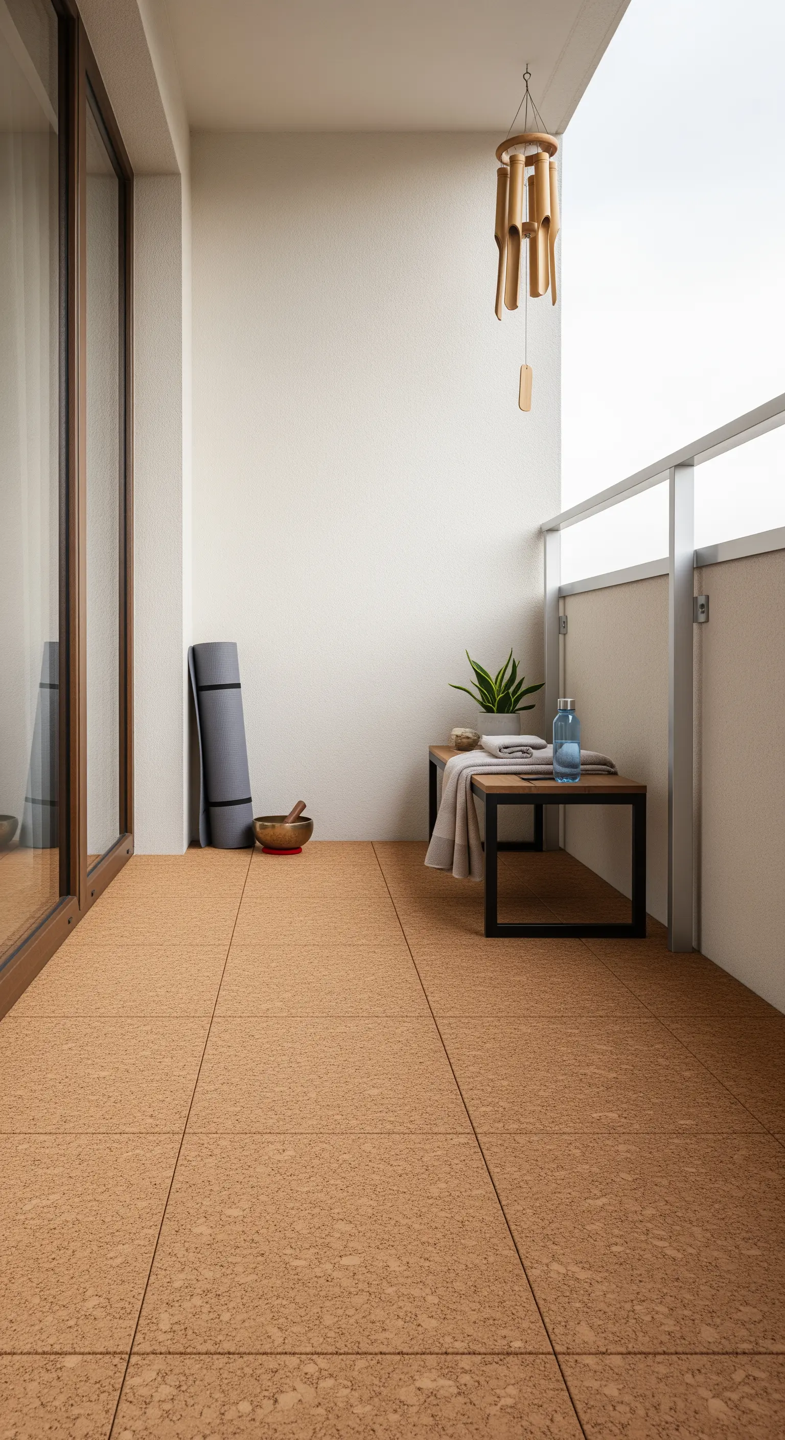 Minimalistischer Balkon mit Korkboden, Yogamatte und Windspiel
