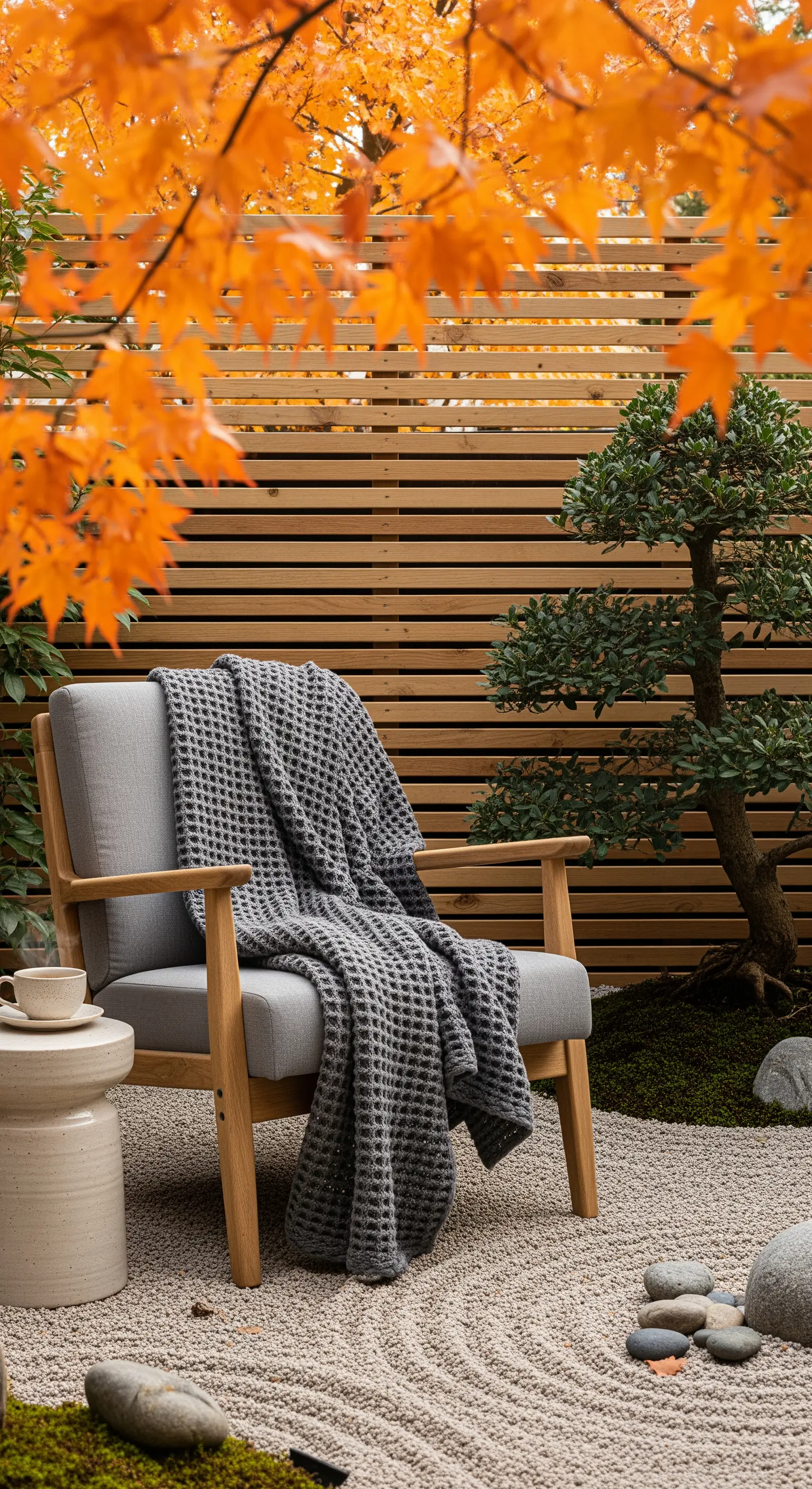 Japandi Sitzplatz im Zen-Garten mit Holzstuhl, Keramik und Plaid
