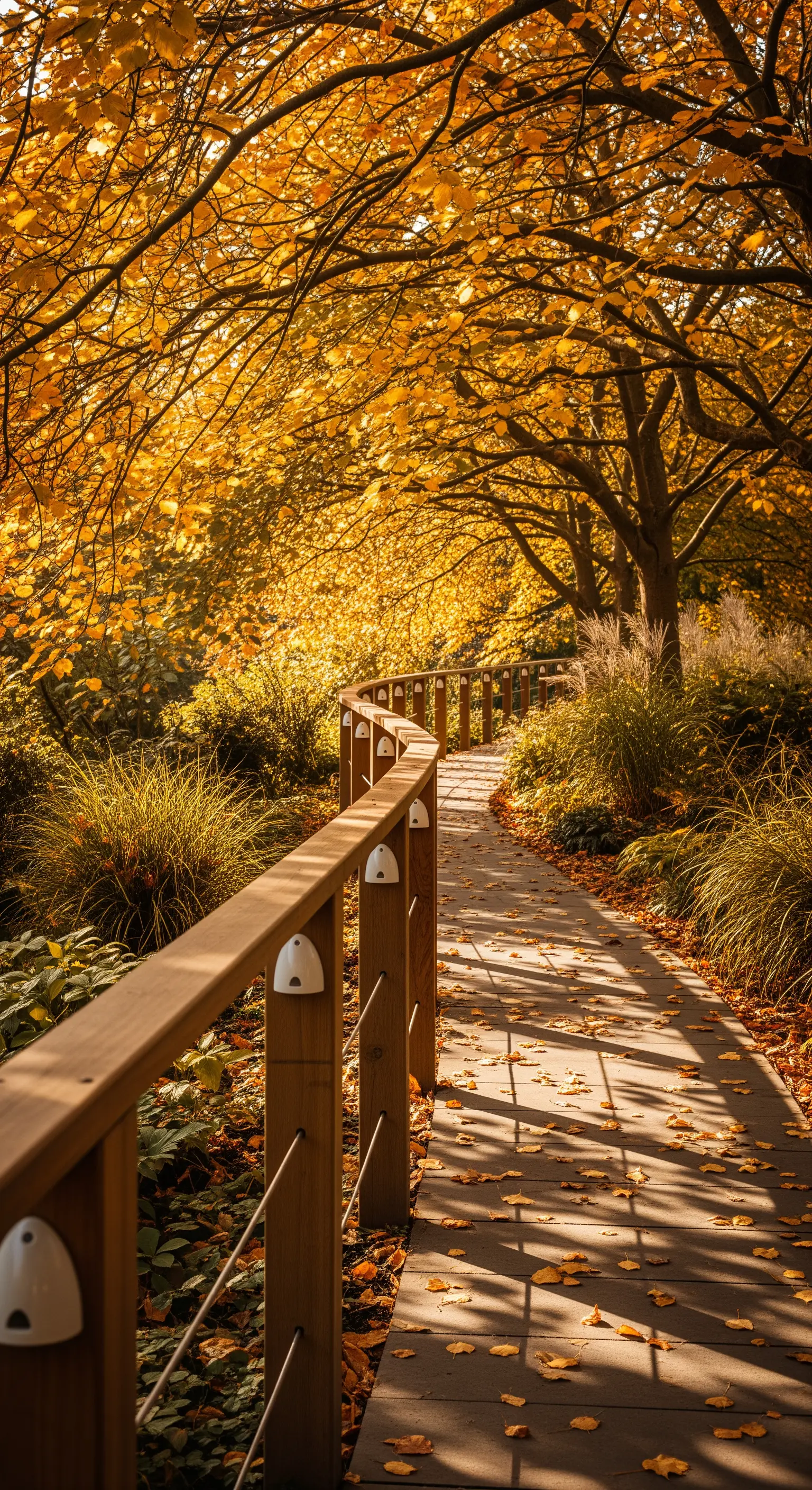 Geschwungener Holzweg im Herbstwald mit Beleuchtung