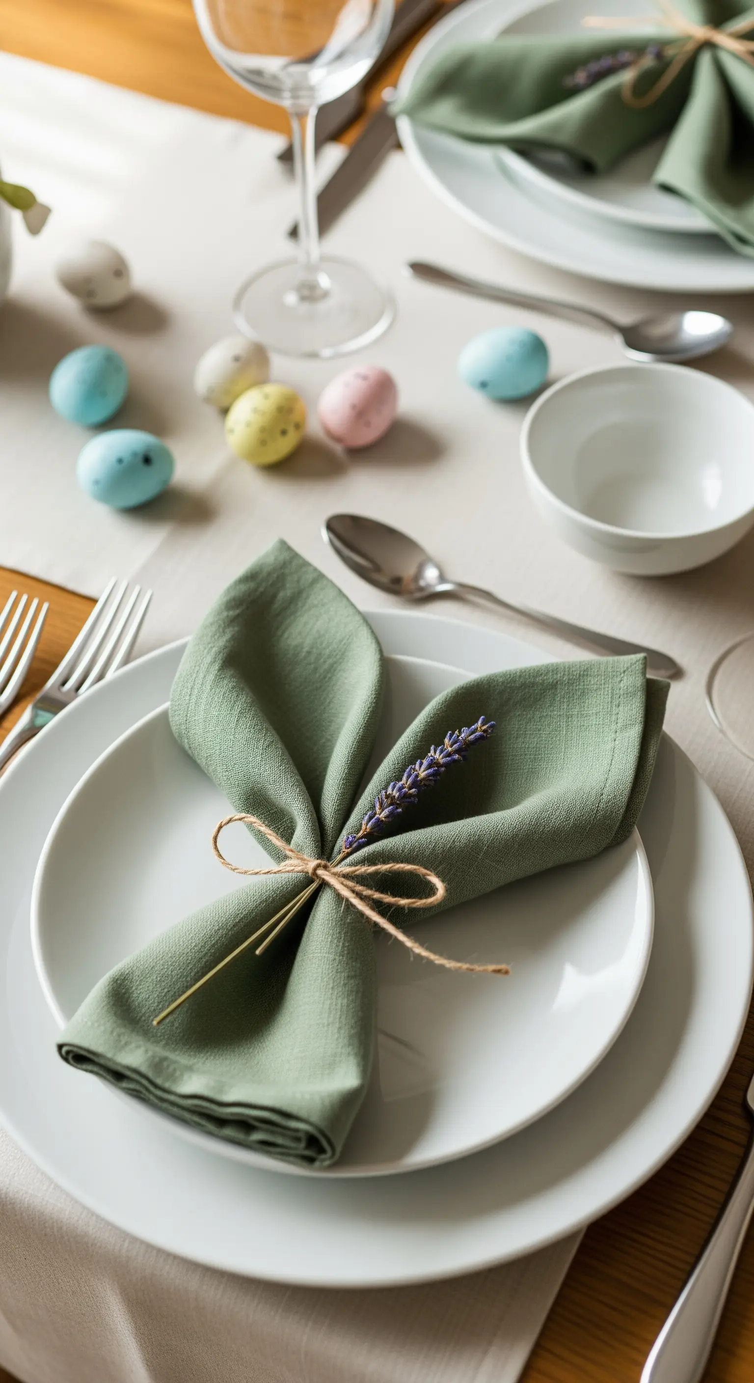 Grüne Servietten als Hasenöhrchen mit Lavendelzweig auf einem gedeckten Ostertisch