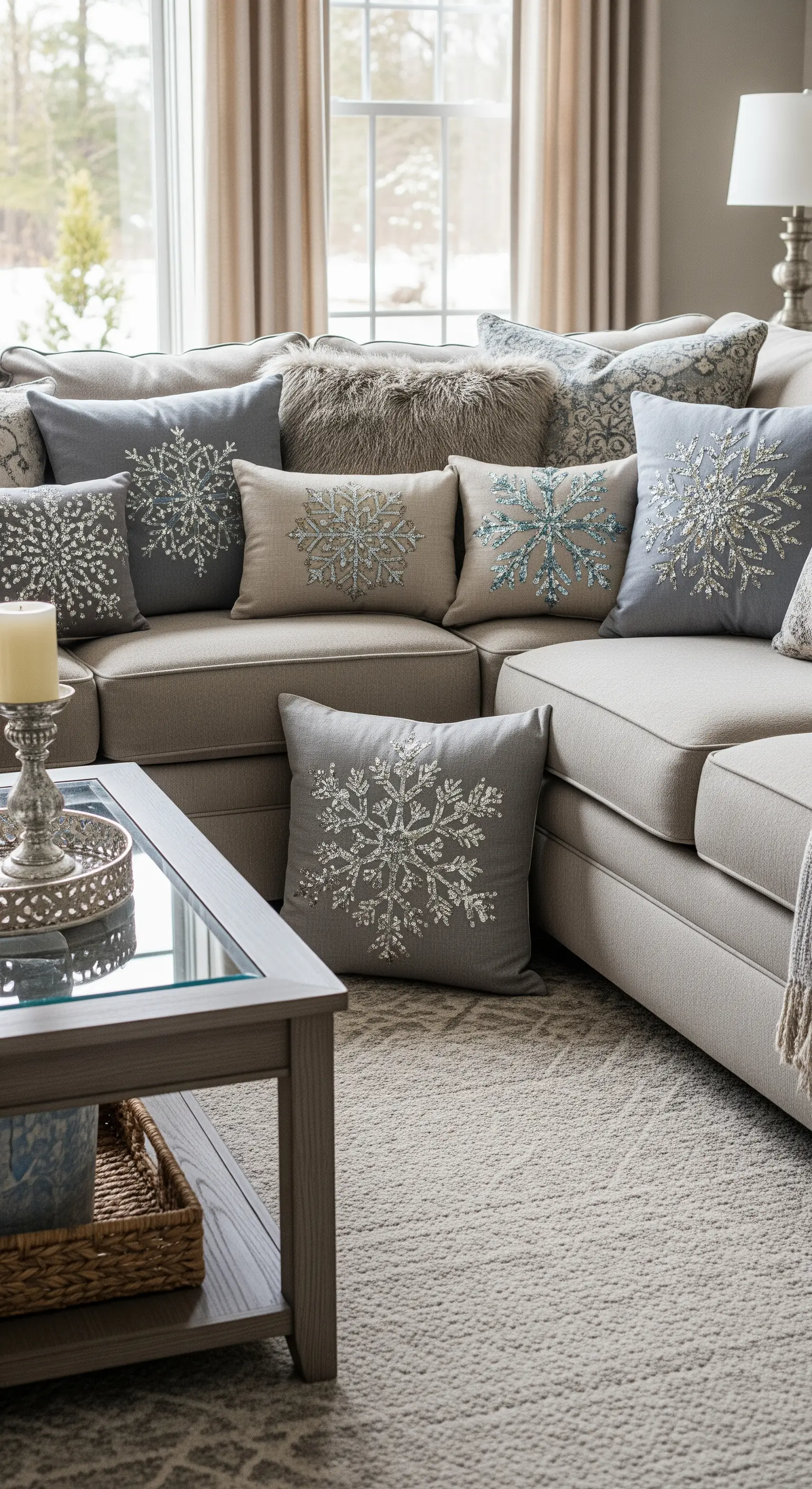 Sofa mit einer Auswahl an Kissen in neutralen Tönen mit bestickten Schneeflocken