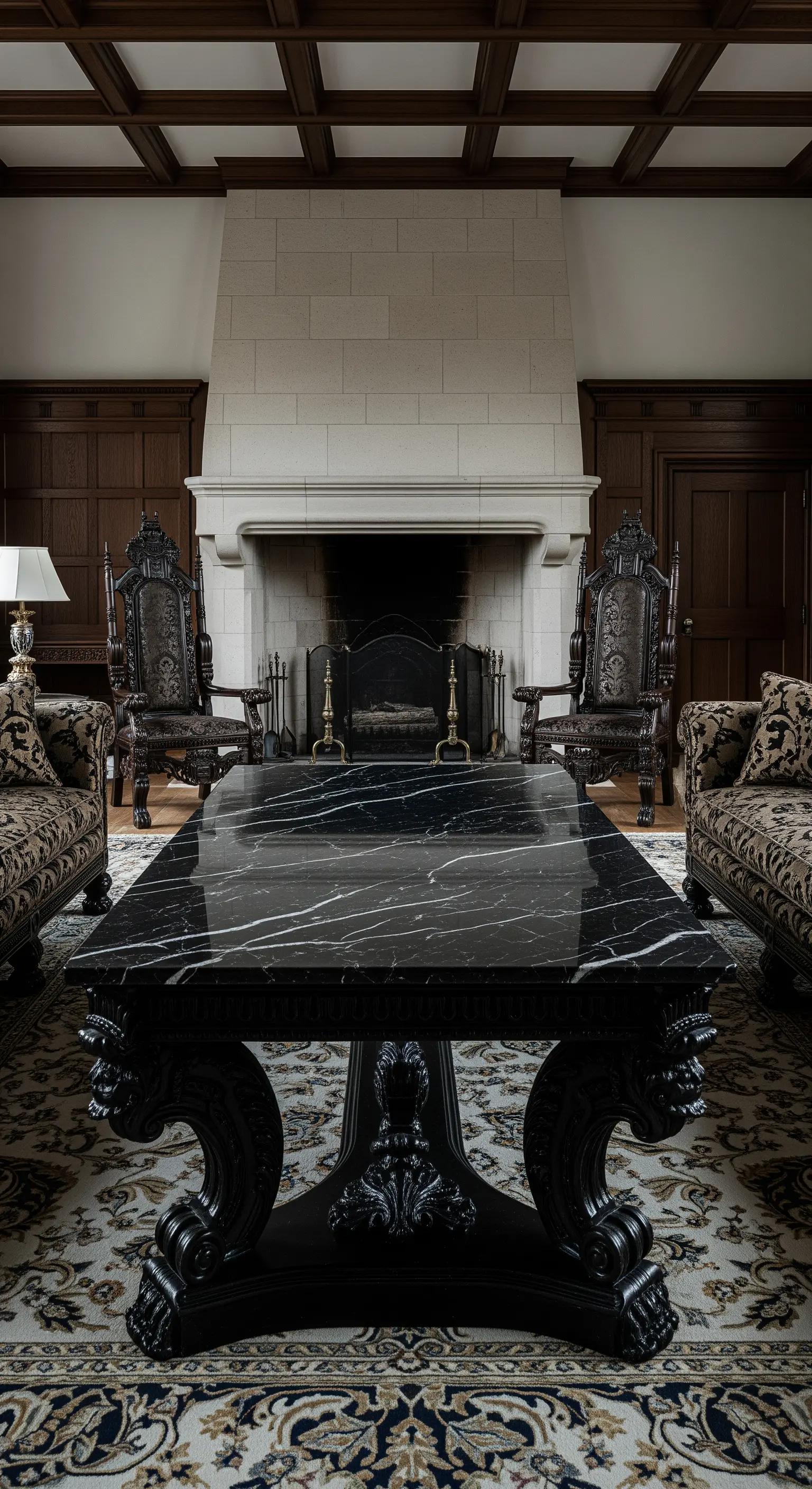 Schwarzer Marmortisch mit einem opulent geschnitzten, schwarzen Untergestell.