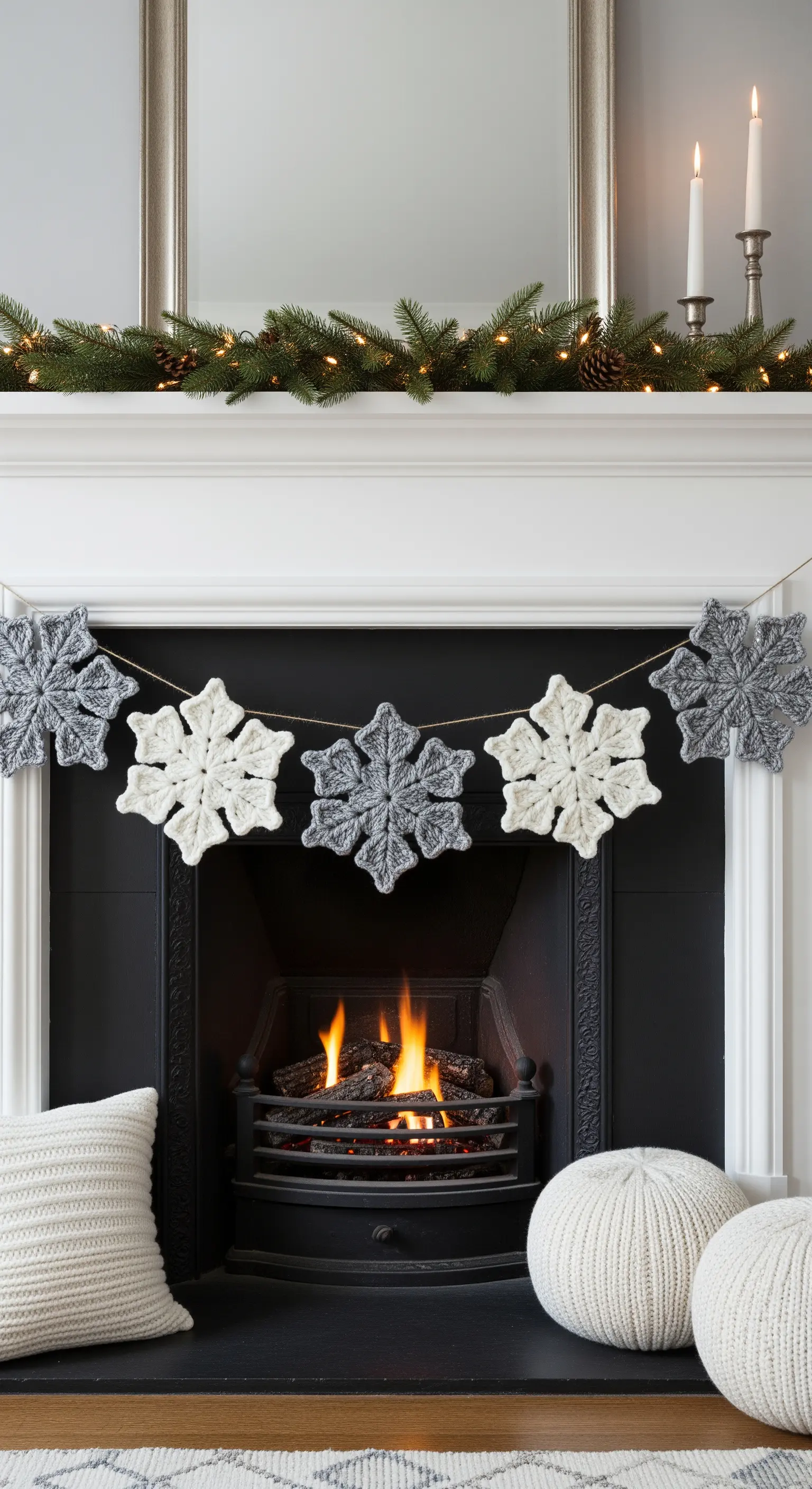 Kaminsims mit einer Girlande aus gehäkelten Schneeflocken in Grau und Weiß