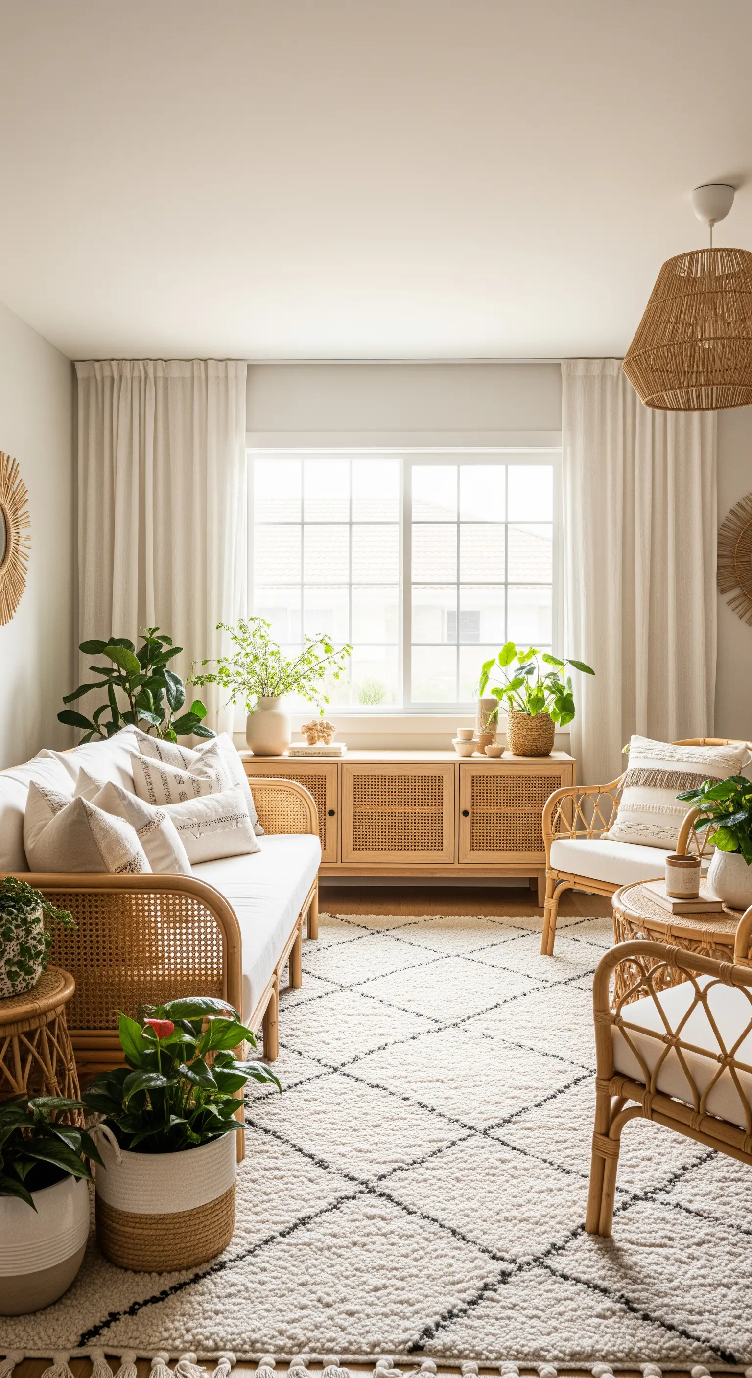 Helles Wohnzimmer mit einem kompletten Möbelset aus Rattan und Wiener Geflecht.