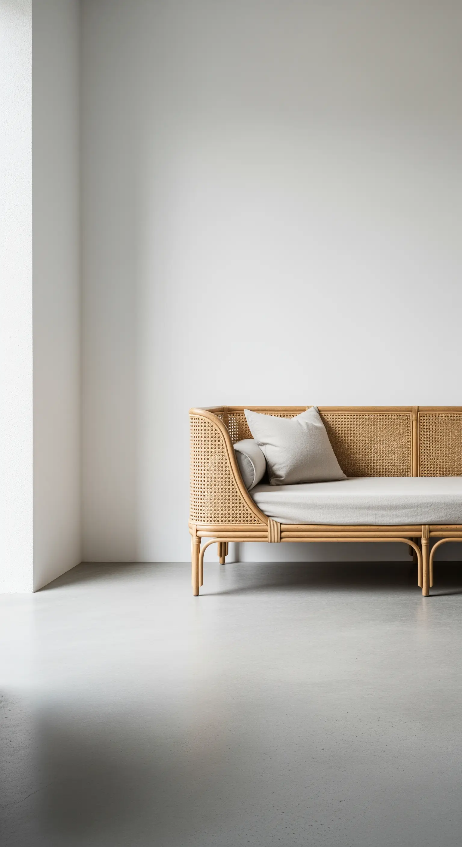 Ein minimalistisches Rattan-Tagesbett mit hellem Polster in einer leeren, weißen Ecke