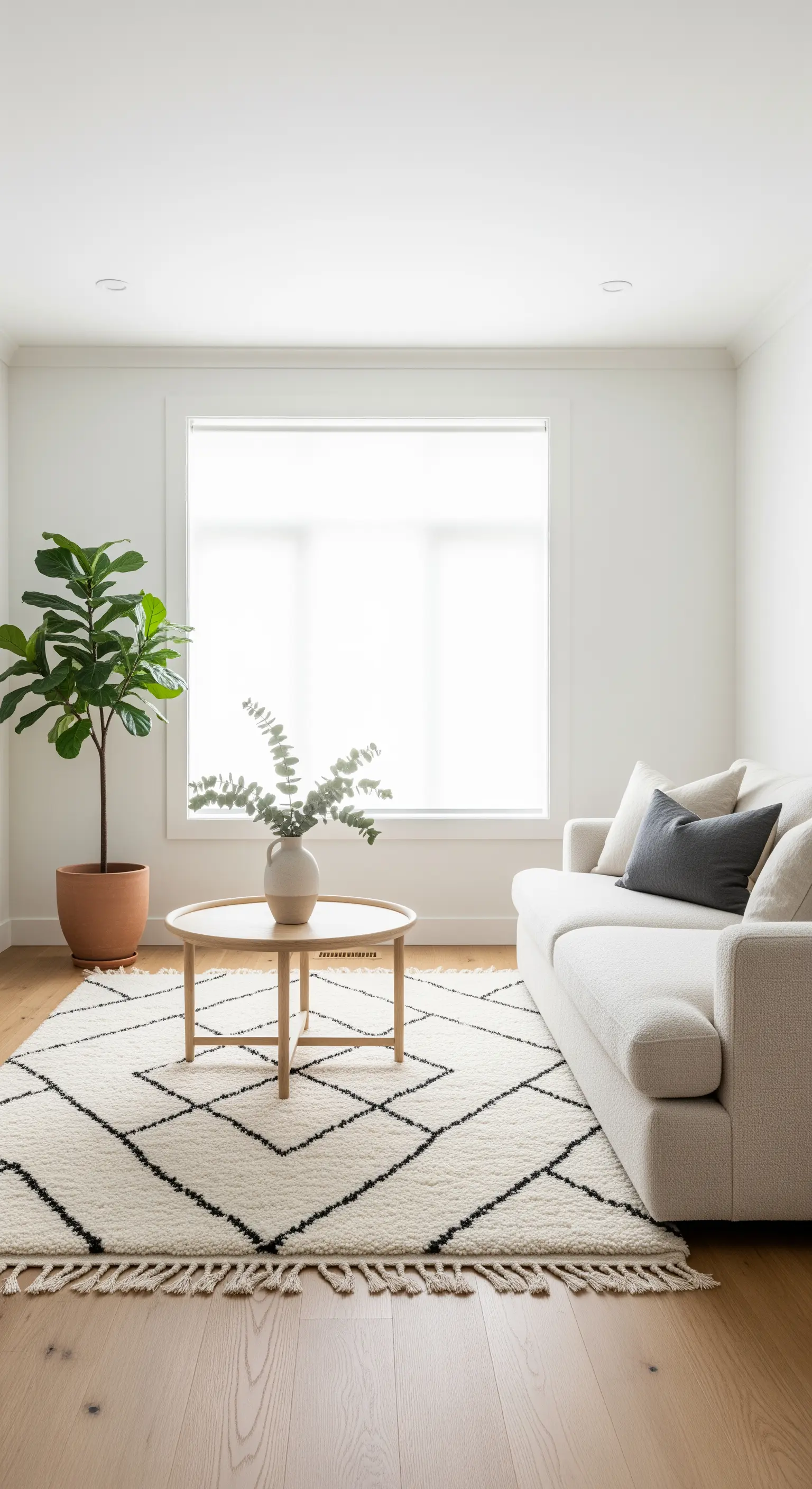 Minimalistisches Boho-Wohnzimmer mit grafischem Teppich und großer Zimmerpflanze.