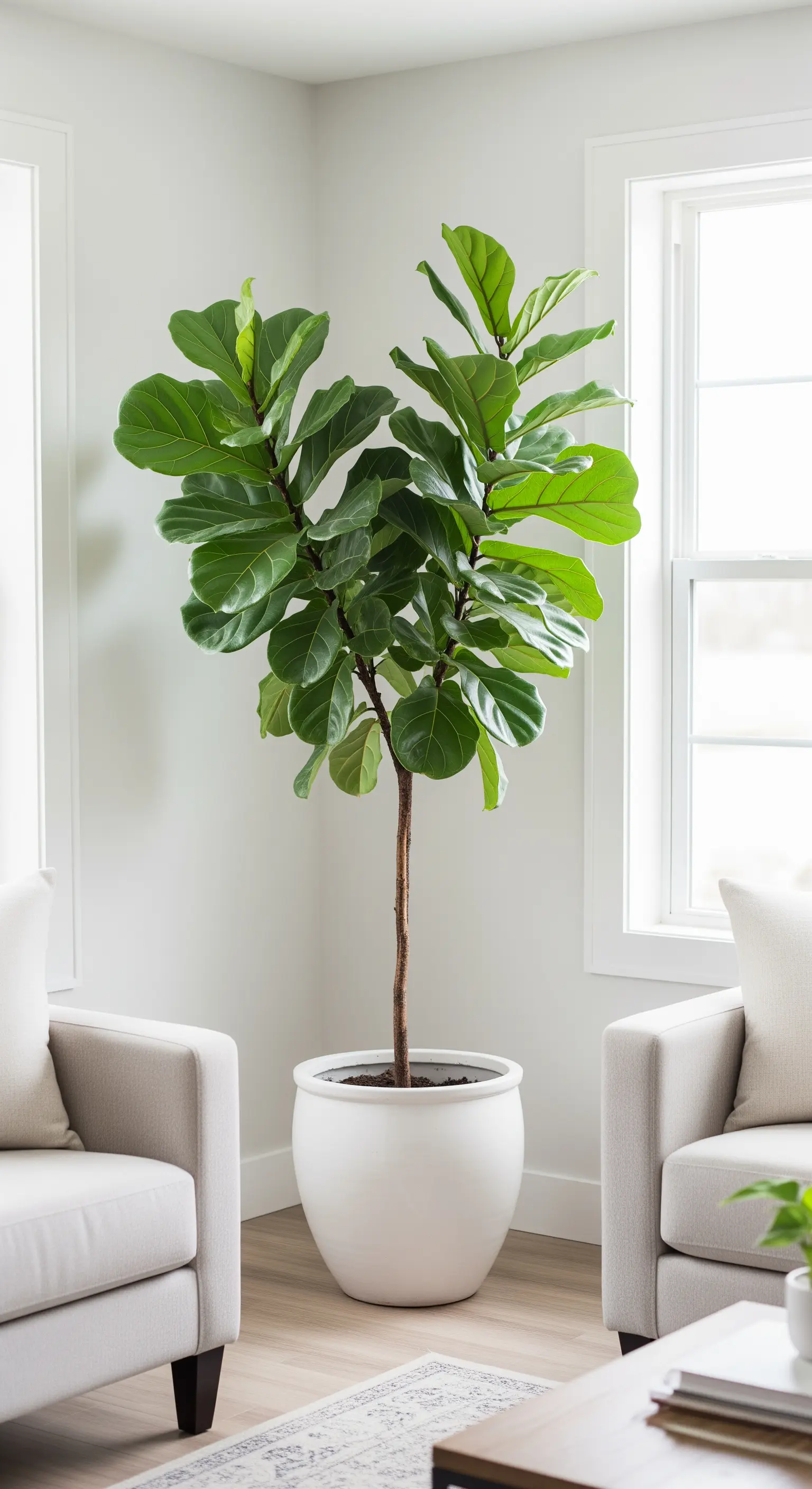 Eine große, üppige Geigenfeige in einem weißen Keramiktopf als zentrales Element im Raum.