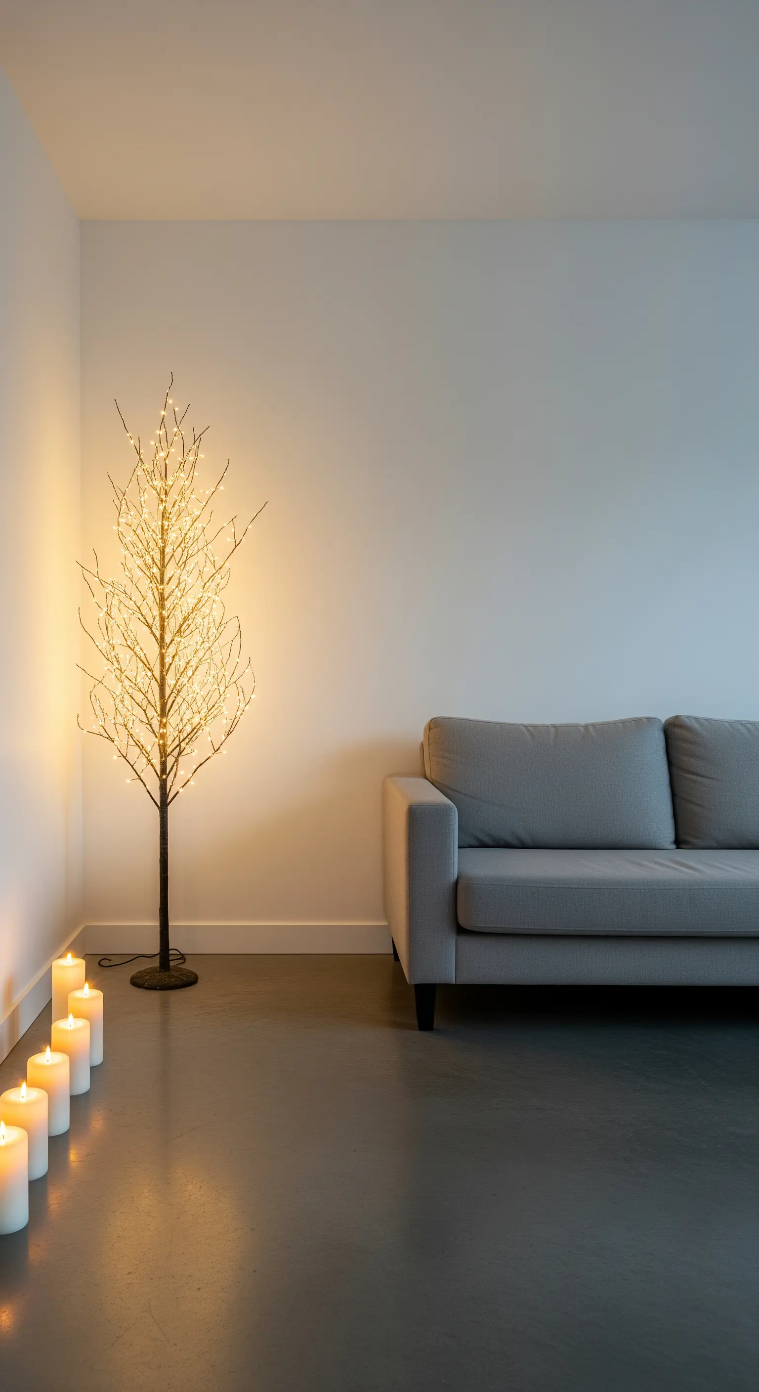 Minimalistischer Raum mit einem leuchtenden Baum in der Ecke und einer Reihe Kerzen am Boden.