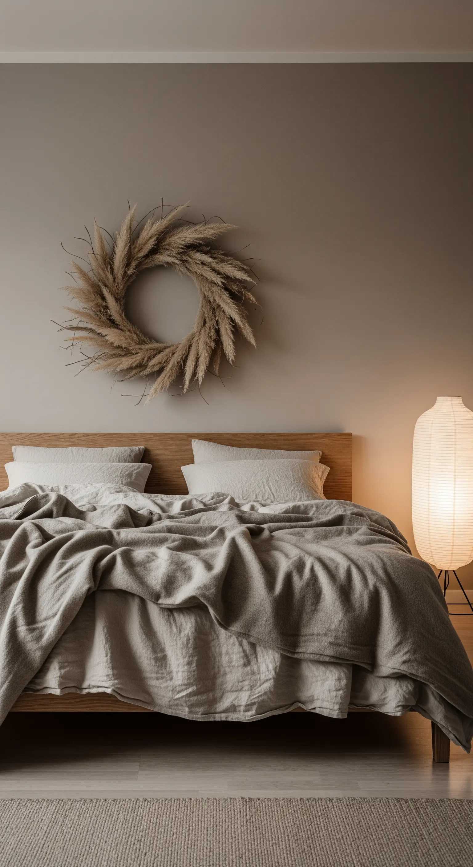 Großer Kranz aus Pampasgras über einem Bett mit Leinenbezügen in einem beigen Schlafzimmer.