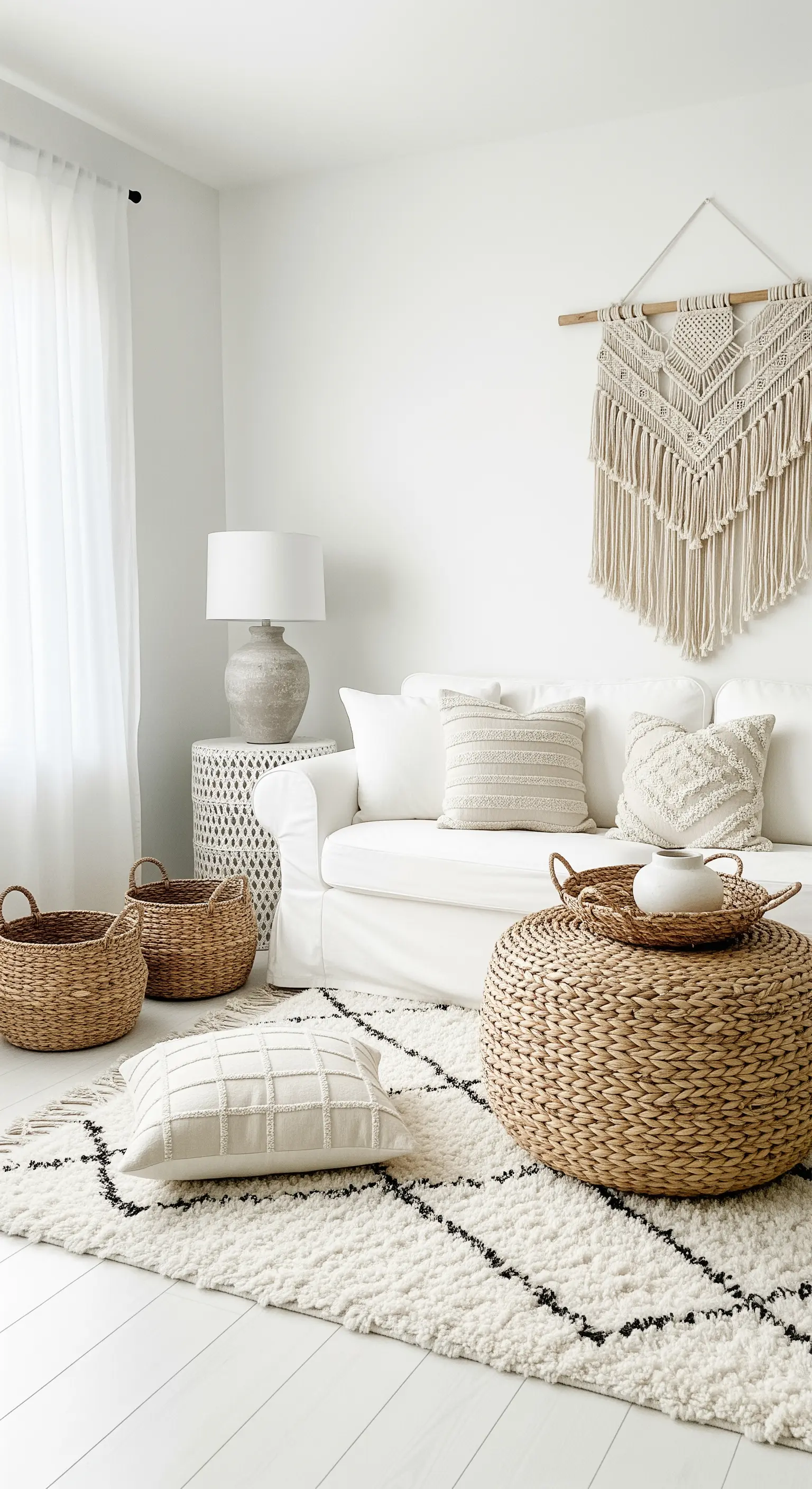 Weißes Wohnzimmer mit einem großen, runden Pouf und mehreren Körben aus Seegras.