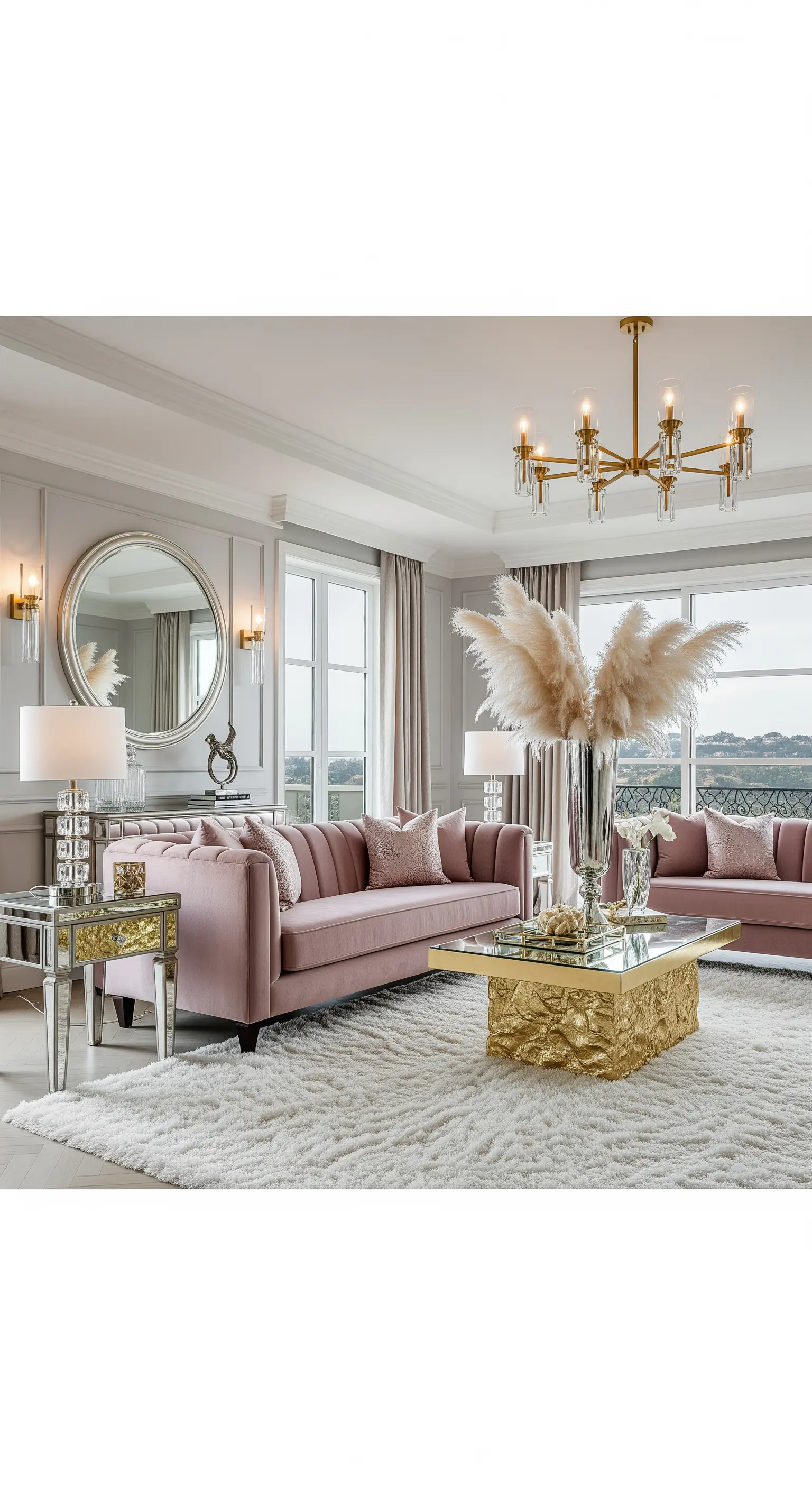 Elegantes Wohnzimmer mit rosa Samtsofa, goldenem Couchtisch und Pampasgras in einer Vase.