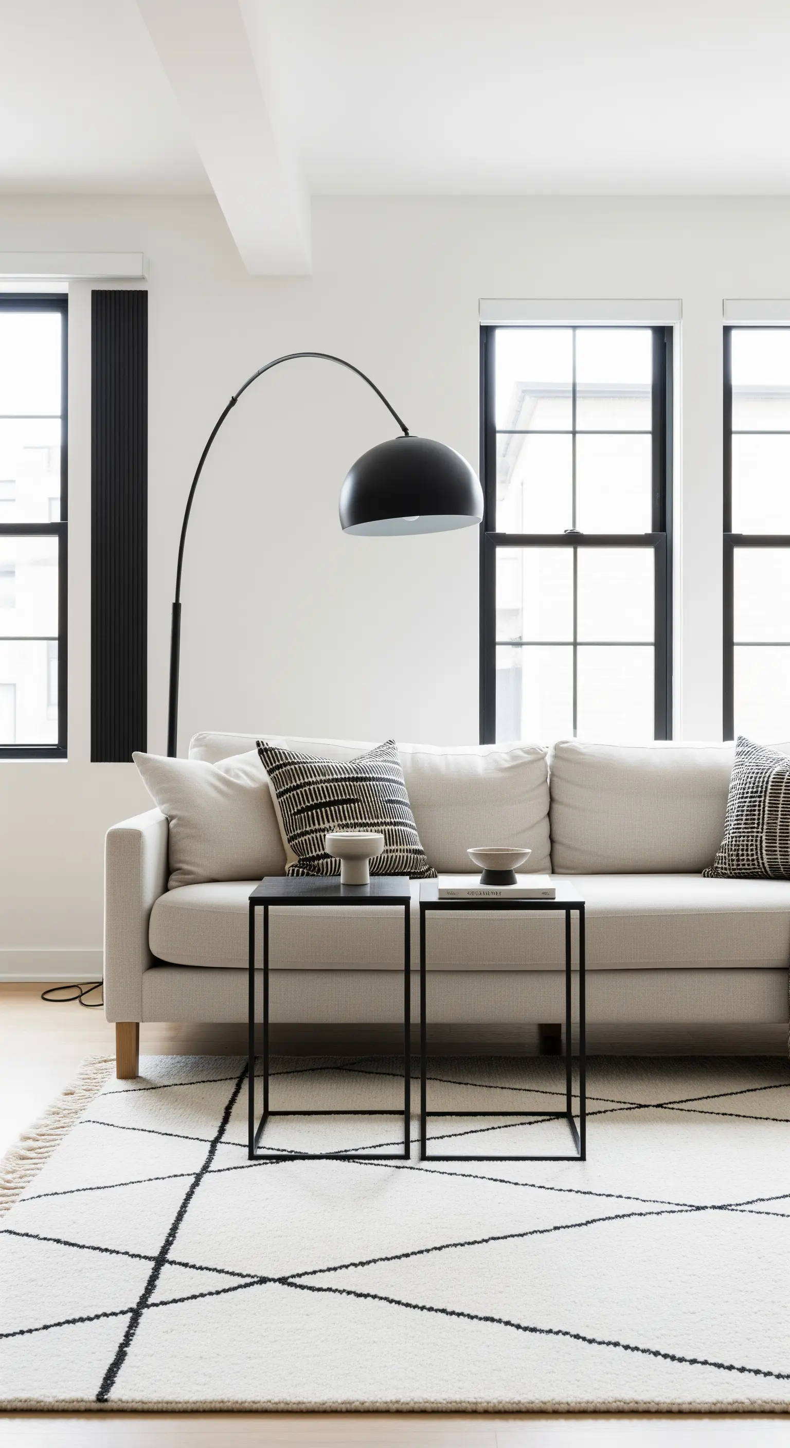 Helles Sofa vor Fenstern mit schwarzen Rahmen, eine schwarze Bogenlampe darüber