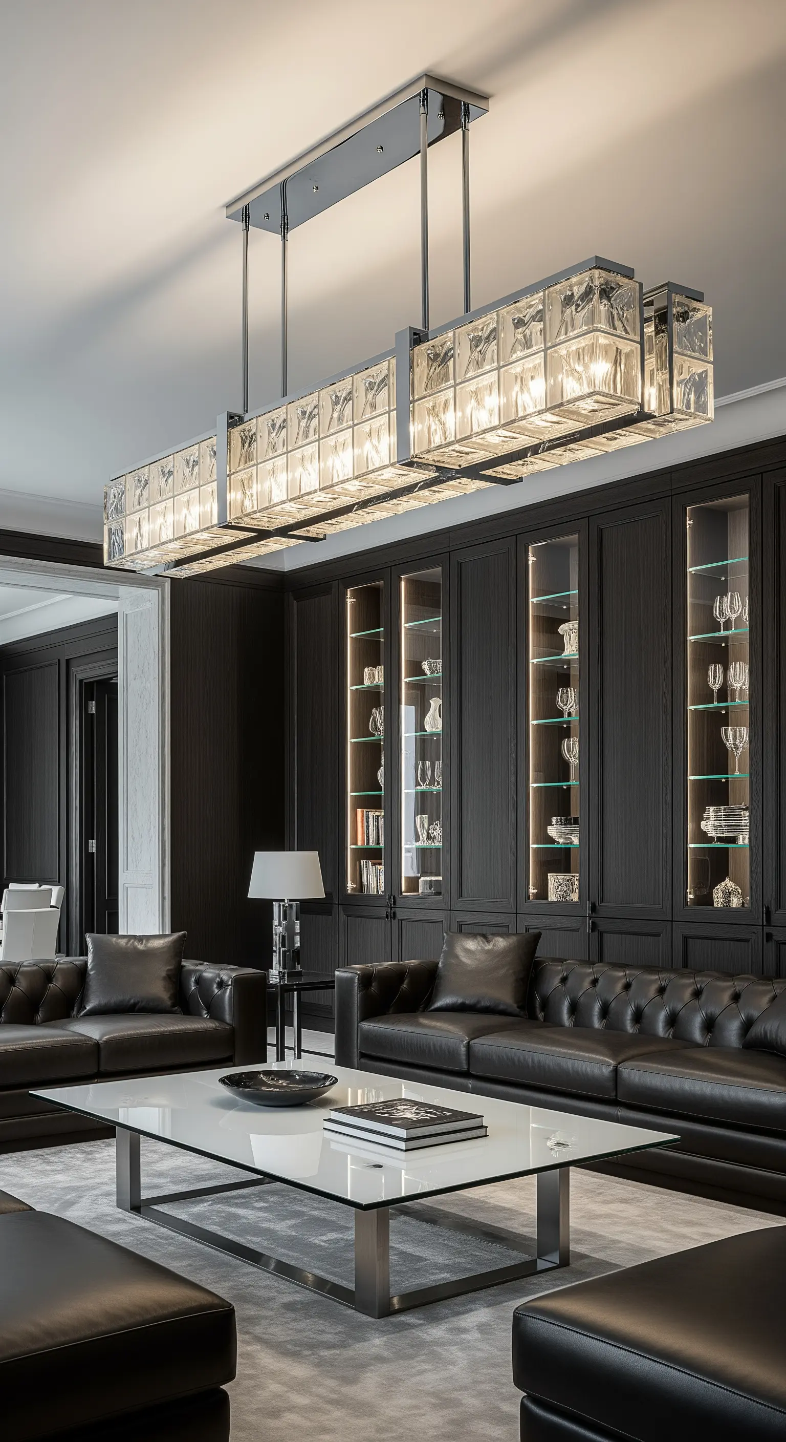 Massive Glasblock-Leuchte über einem weißen Tisch in einem dunklen Wohnzimmer mit Leder-Sofas.