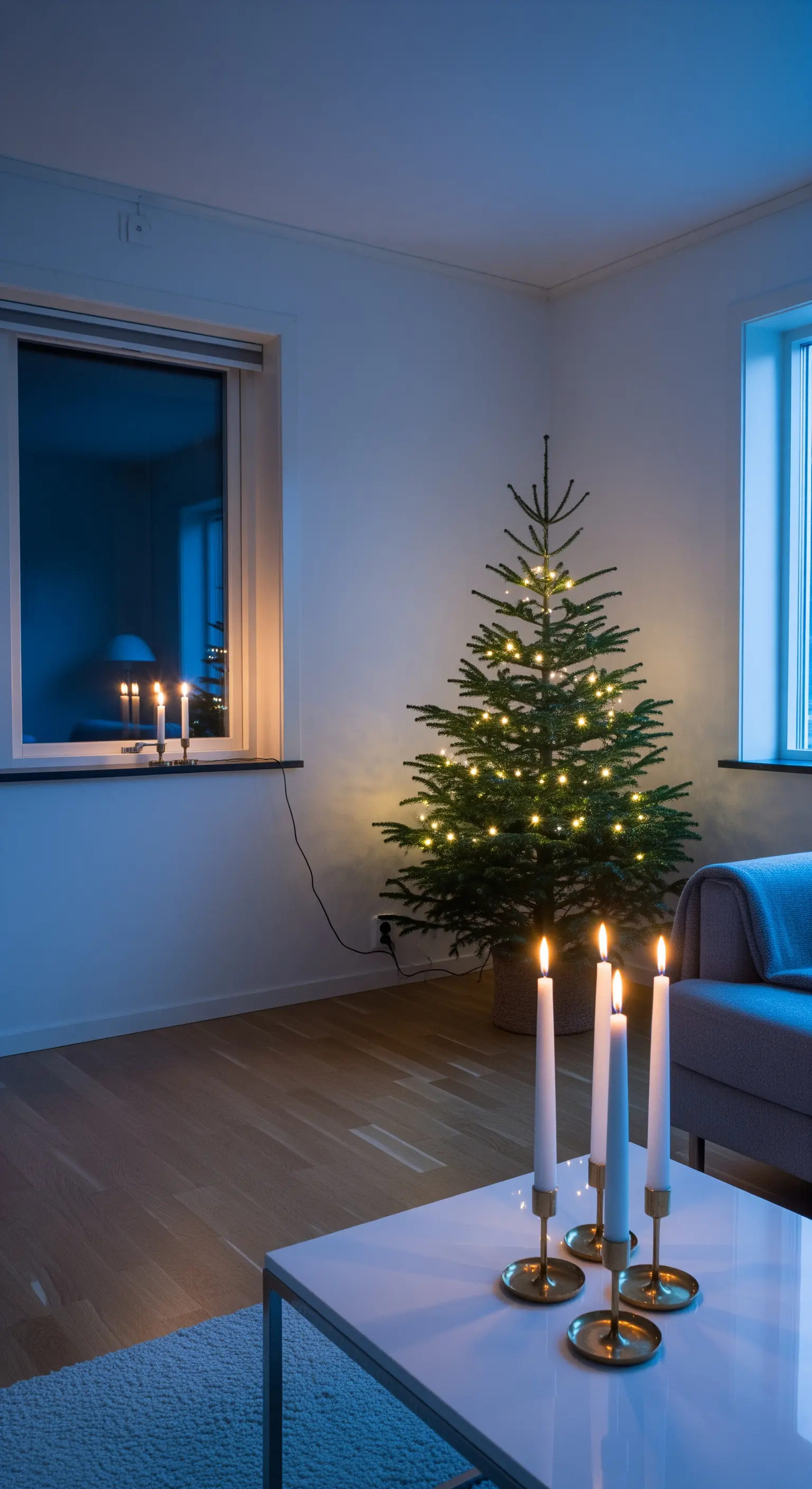 Minimalistisches Wohnzimmer mit einem kleinen Weihnachtsbaum und Kerzen auf dem Tisch.