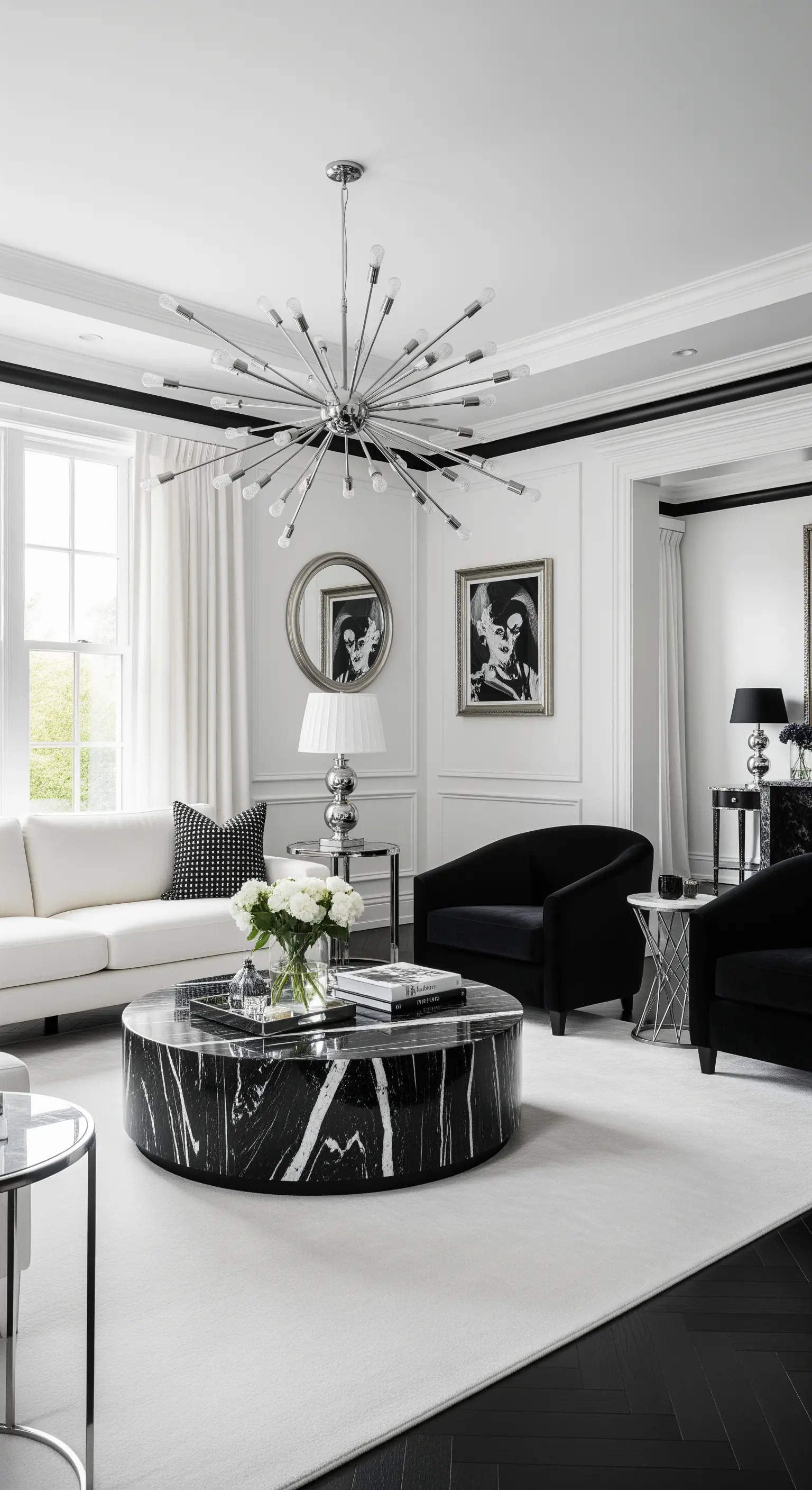 Großer runder schwarzer Marmortisch in einem eleganten schwarz-weißen Wohnzimmer.