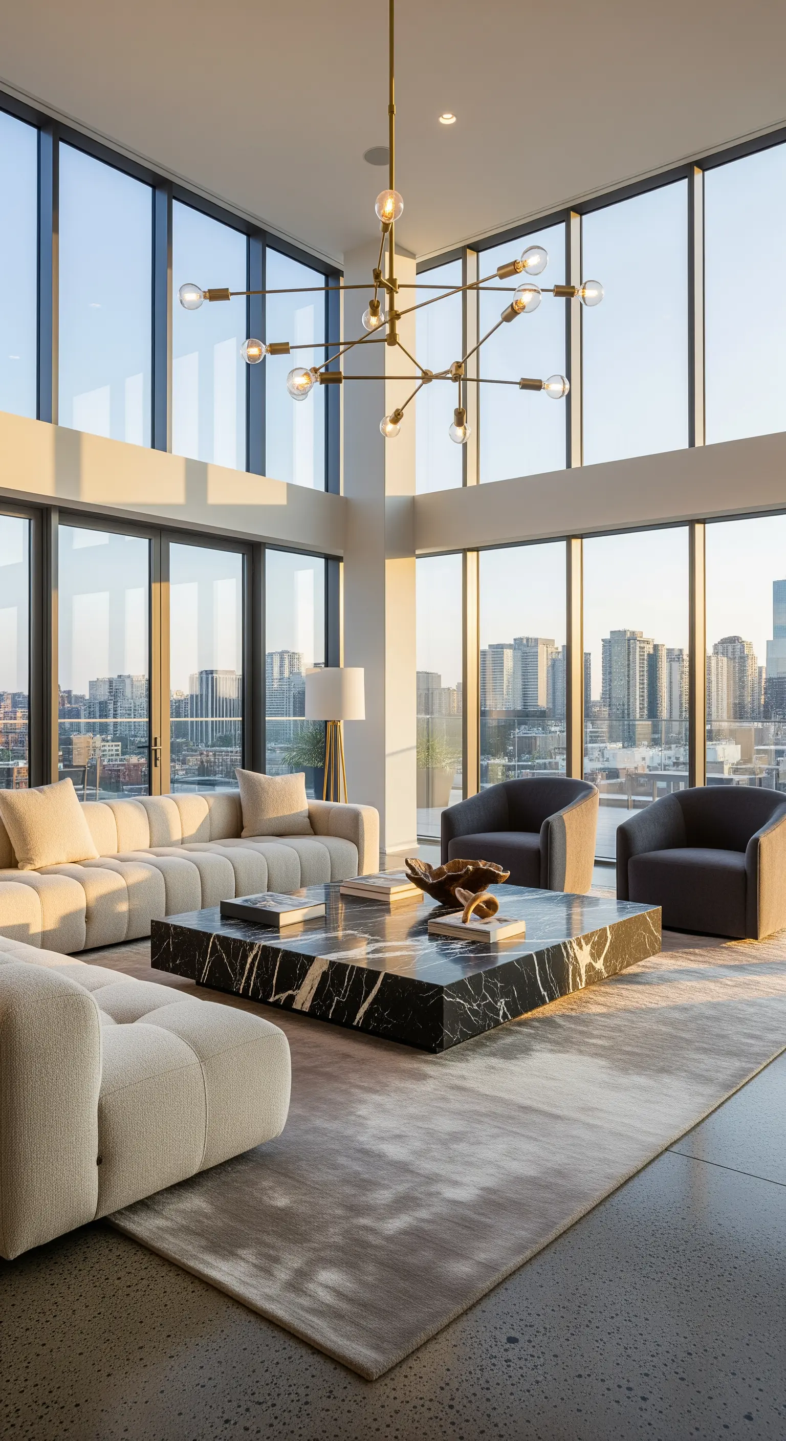 Großer, blockartiger schwarzer Marmortisch in einem modernen Penthouse-Wohnzimmer.