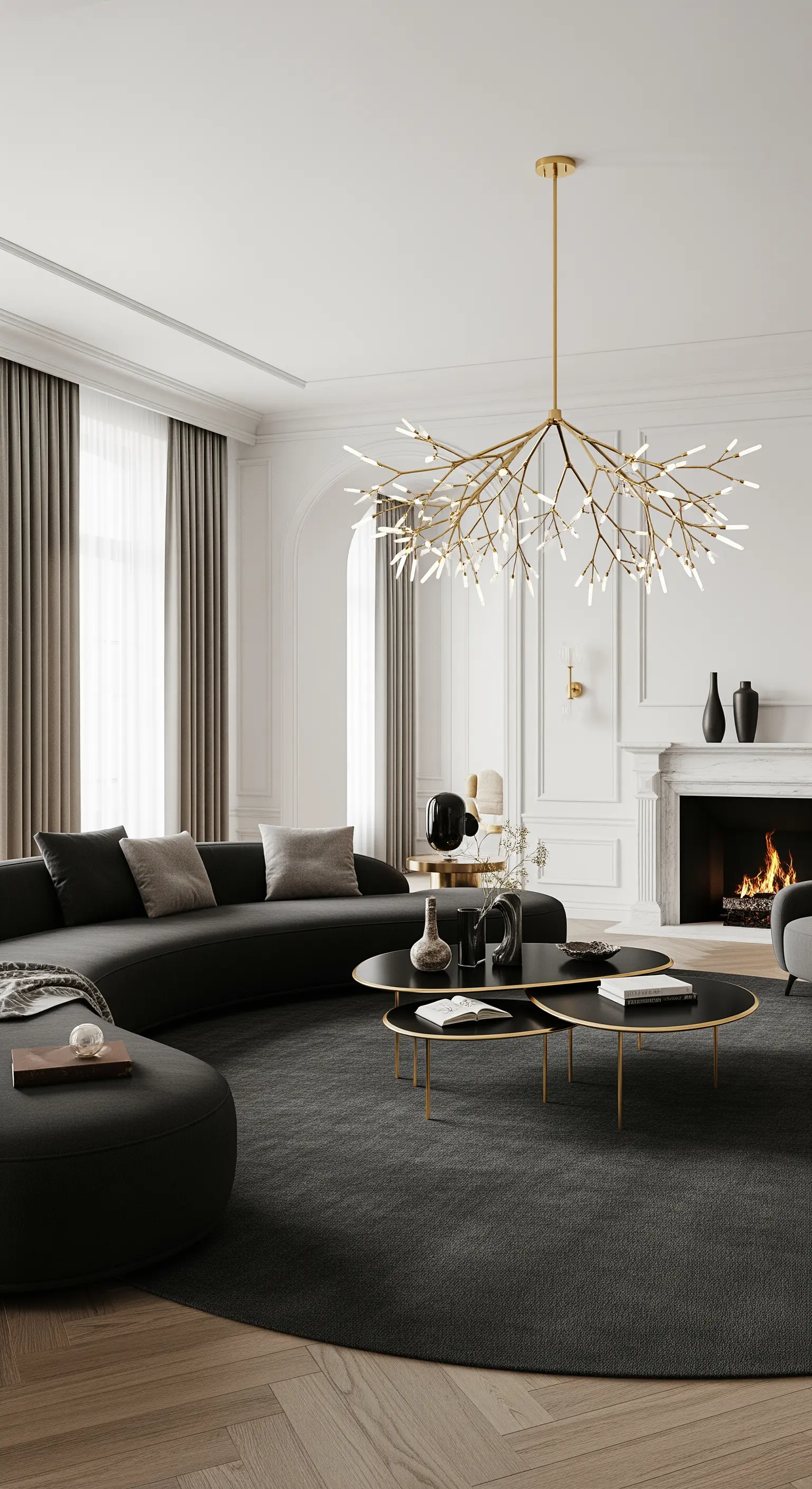 Modernes Wohnzimmer mit einem großen, geschwungenen anthrazitfarbenen Sofa und einer goldenen Leuchte in Ast-Optik.