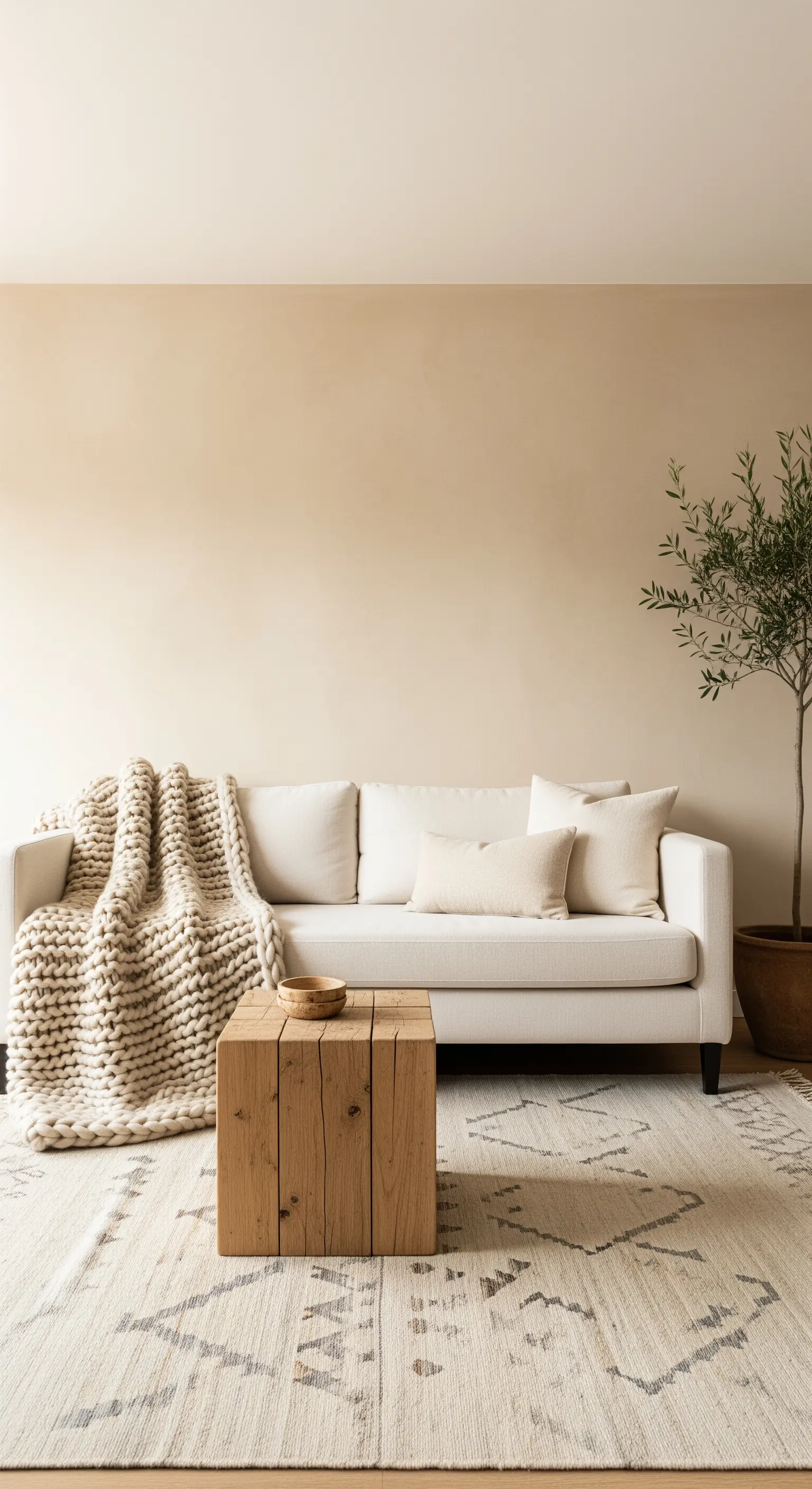 Beige gestrichenes Wohnzimmer mit weißem Sofa, grober Strickdecke und Holztisch