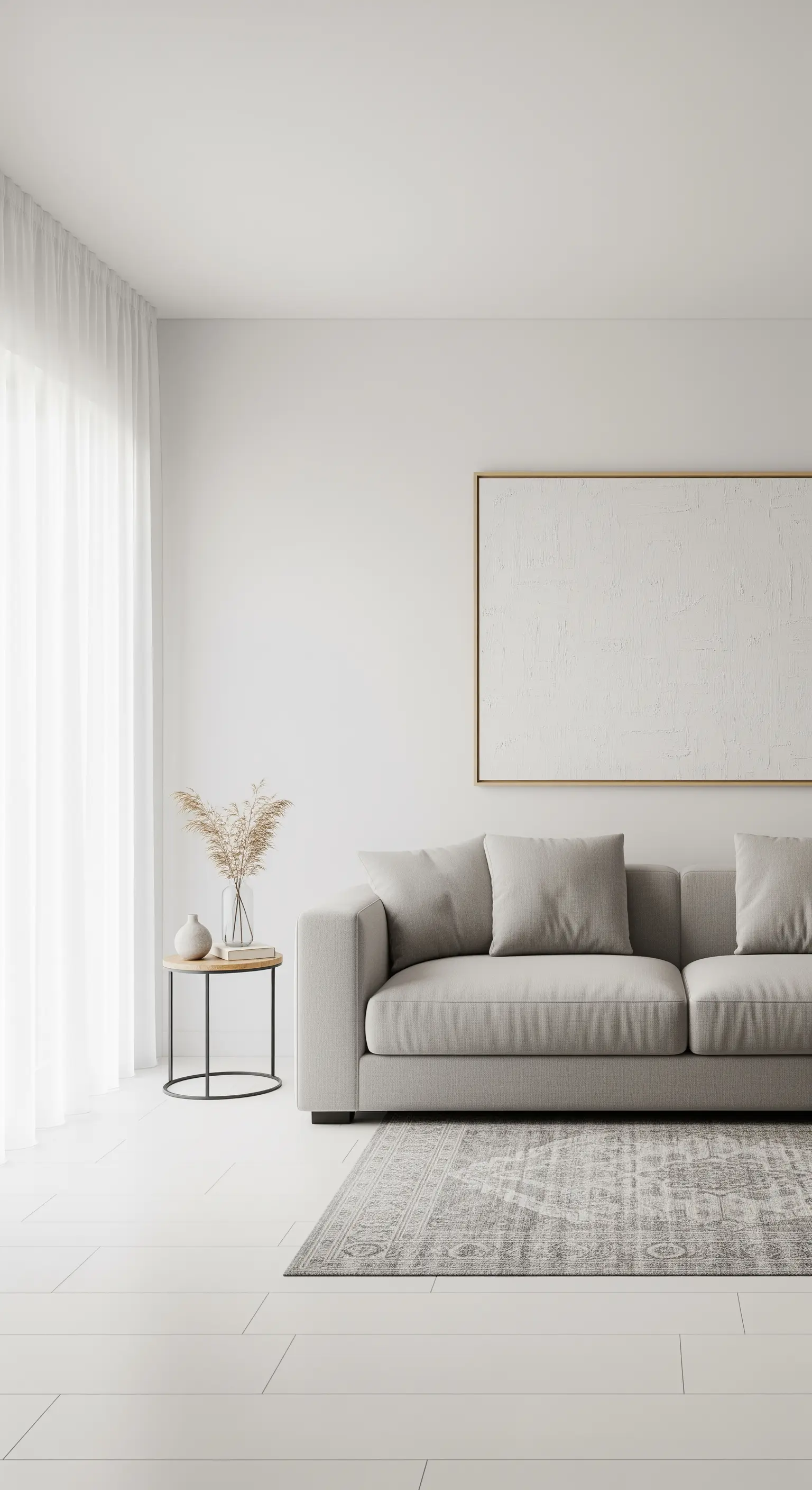 Ein großes, texturiertes, weißes Kunstwerk in einem dünnen Goldrahmen über einem Sofa.