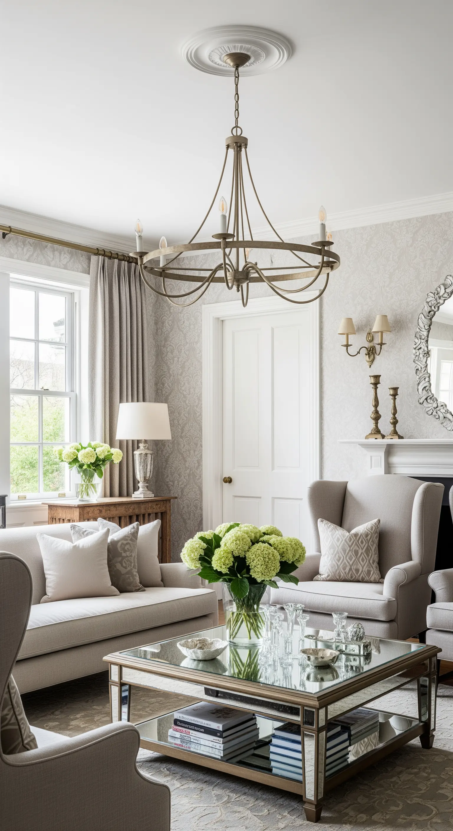 Schlichter, ringförmiger Metall-Kronleuchter in einem eleganten Landhaus-Wohnzimmer.