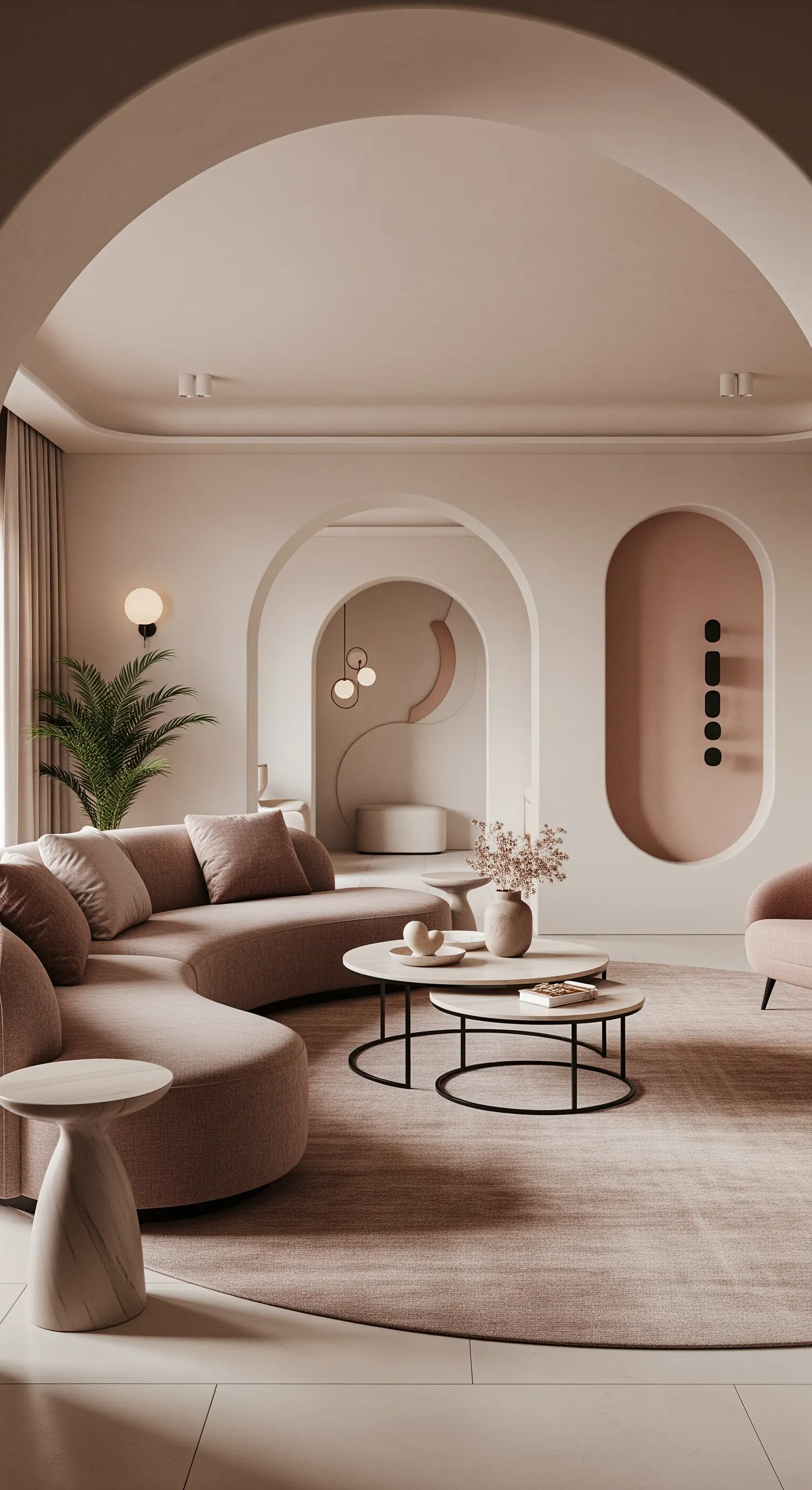 Wohnzimmer in Pudertönen mit Bögen, einem geschwungenen Sofa und runden Tischen.