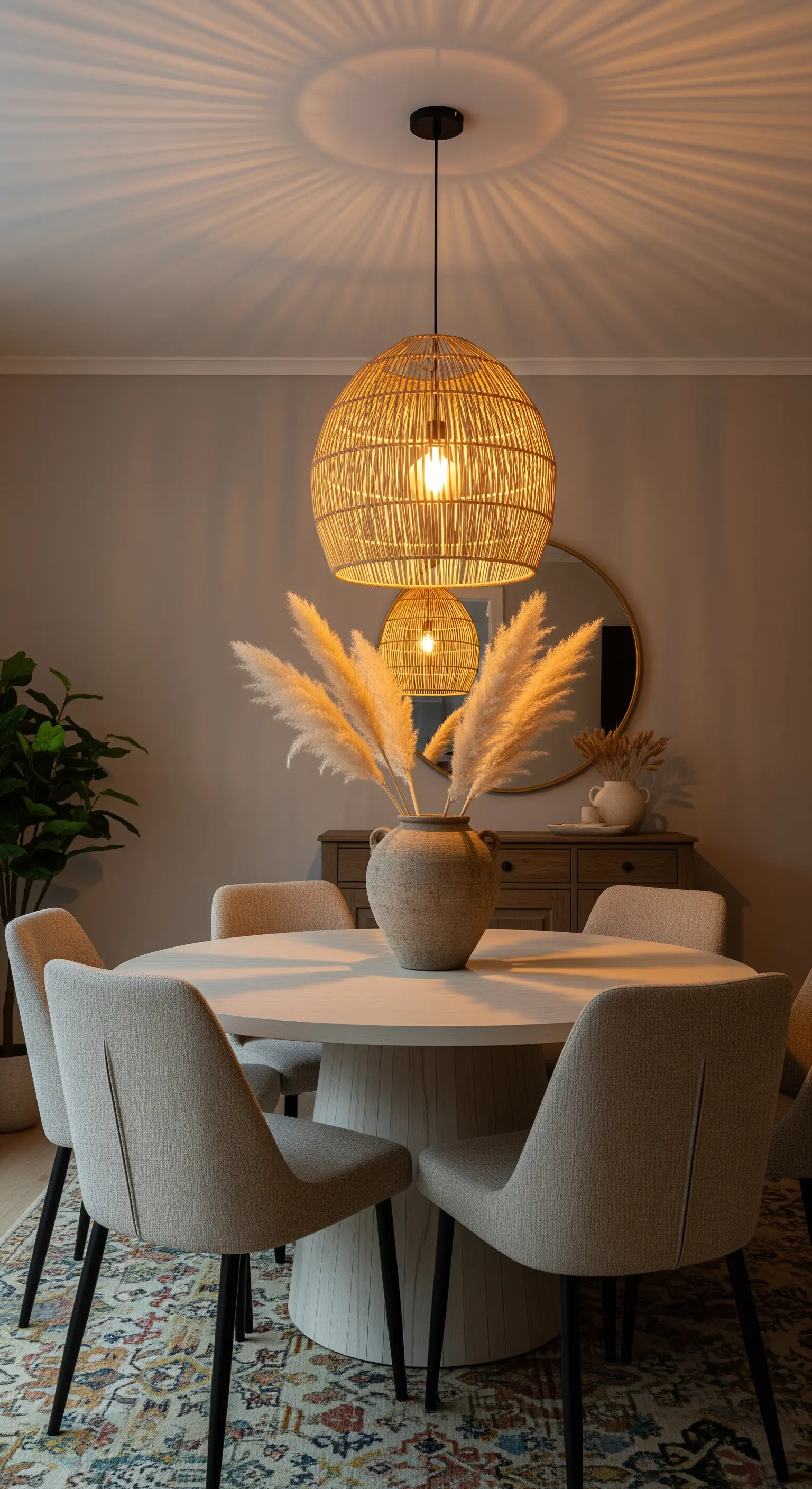 Runder Esstisch mit einer großen Rattan-Hängeleuchte und einer Vase mit Pampasgras.