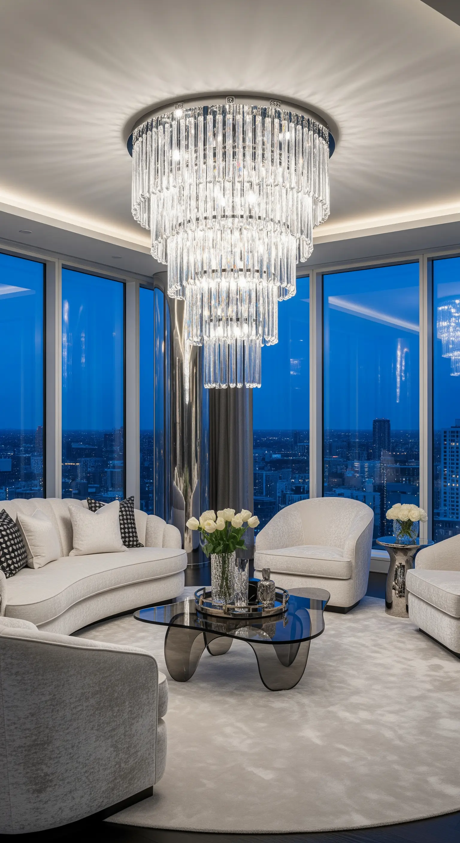 Majestätischer Kristall-Kronleuchter in einem modernen Wohnzimmer mit Stadtblick bei Nacht.