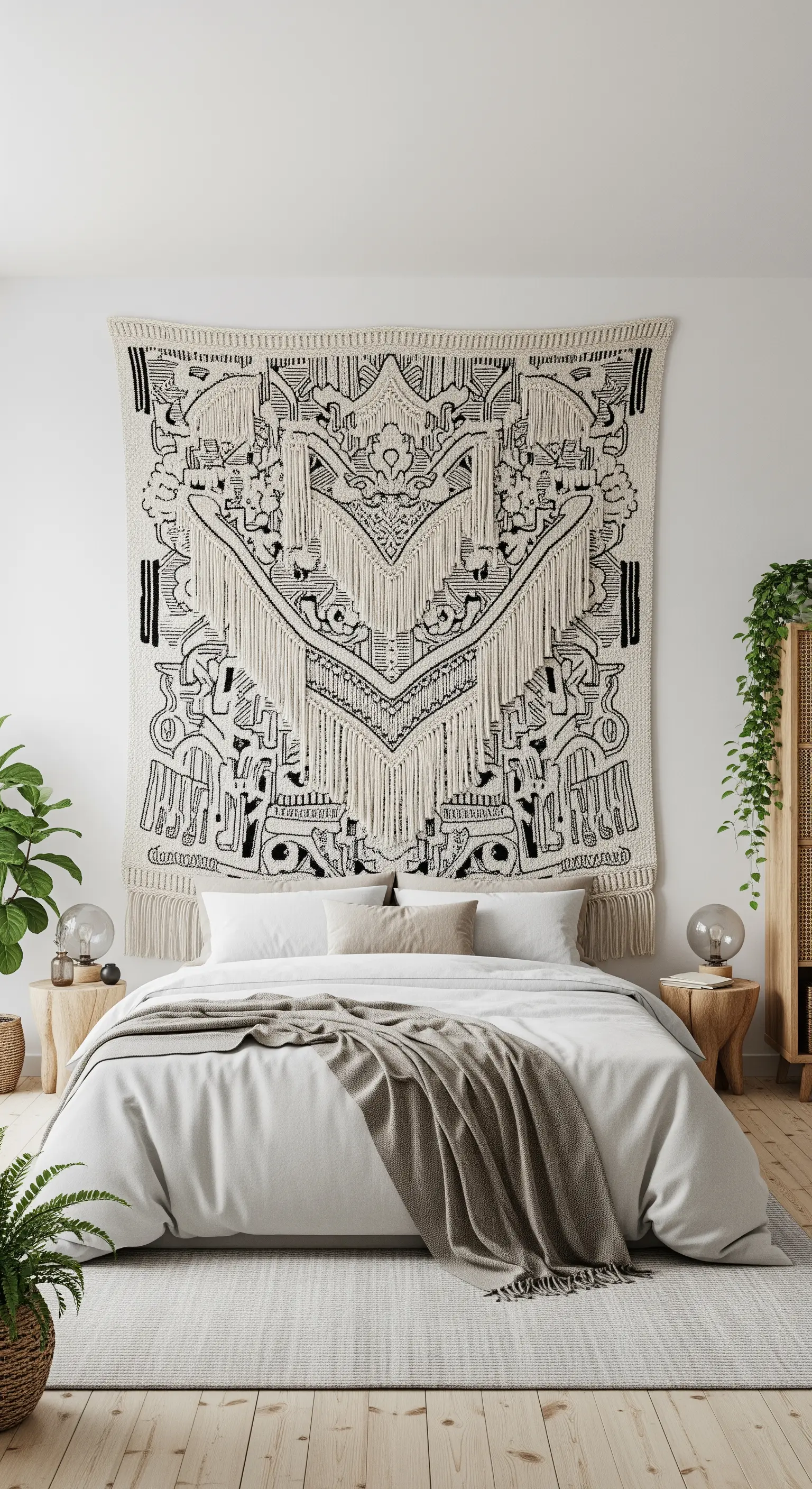 Ein minimalistisches Schlafzimmer, in dem ein riesiger, kunstvoller Wandteppich hinter dem Bett hängt