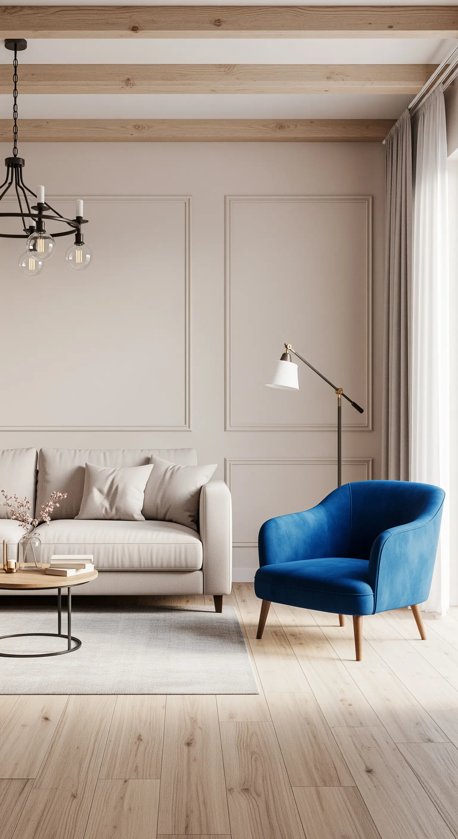 Ein leuchtend blauer Samtsessel als Akzent in einem ansonsten neutralen, beigen Wohnzimmer.