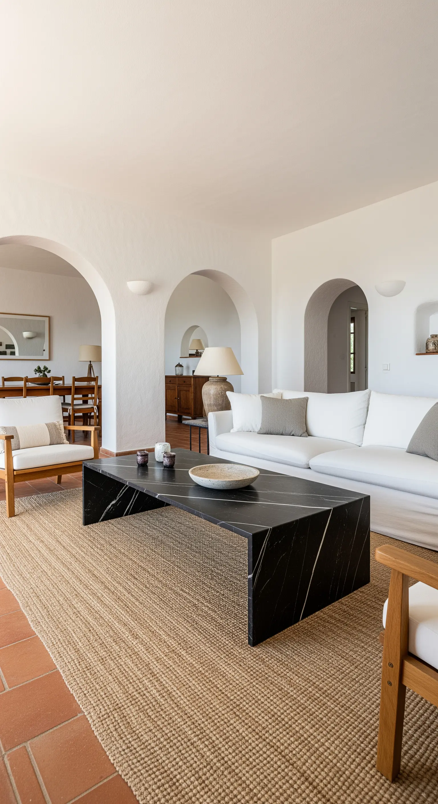 Schlichter, rechteckiger Marmortisch auf einem Jute-Teppich in einem mediterranen Wohnzimmer.