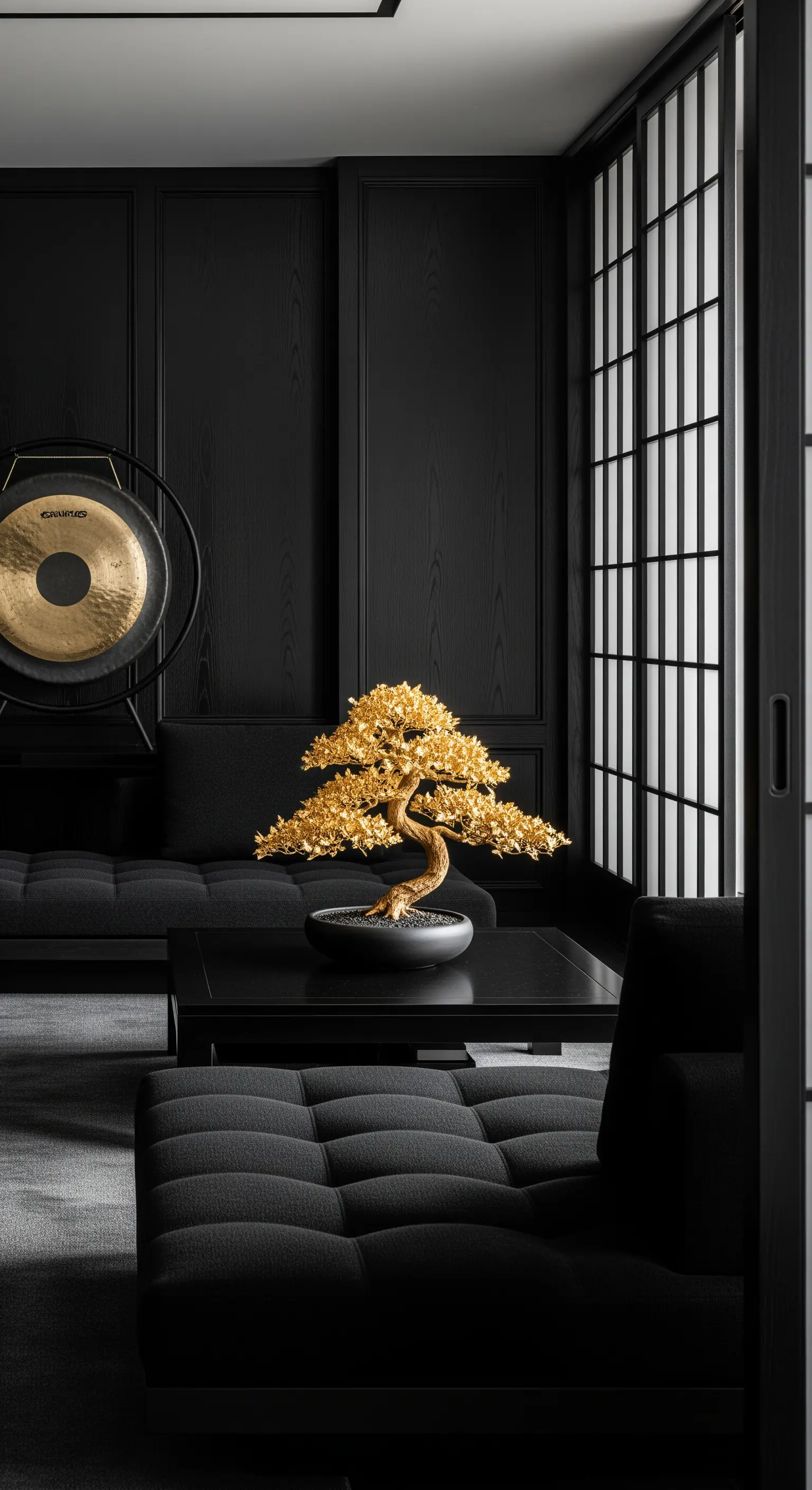 Minimalistisches, asiatisch inspiriertes Wohnzimmer mit einem goldenen Bonsai-Baum als Mittelpunkt.