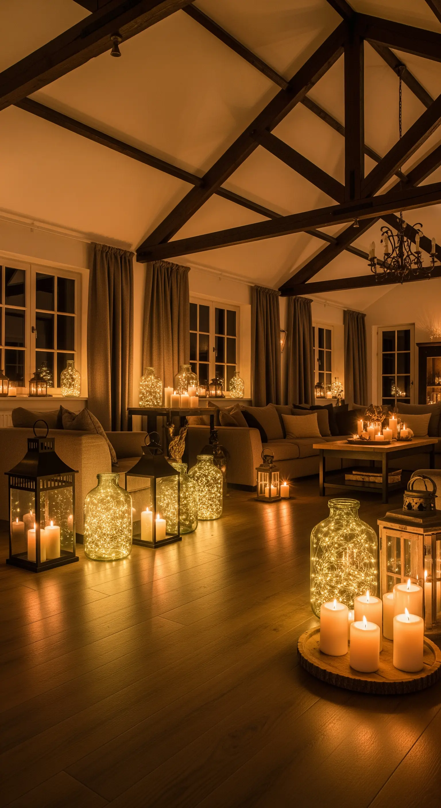 Große Glasvasen und Laternen mit Lichtern und Kerzen auf dem Boden eines Wohnzimmers.