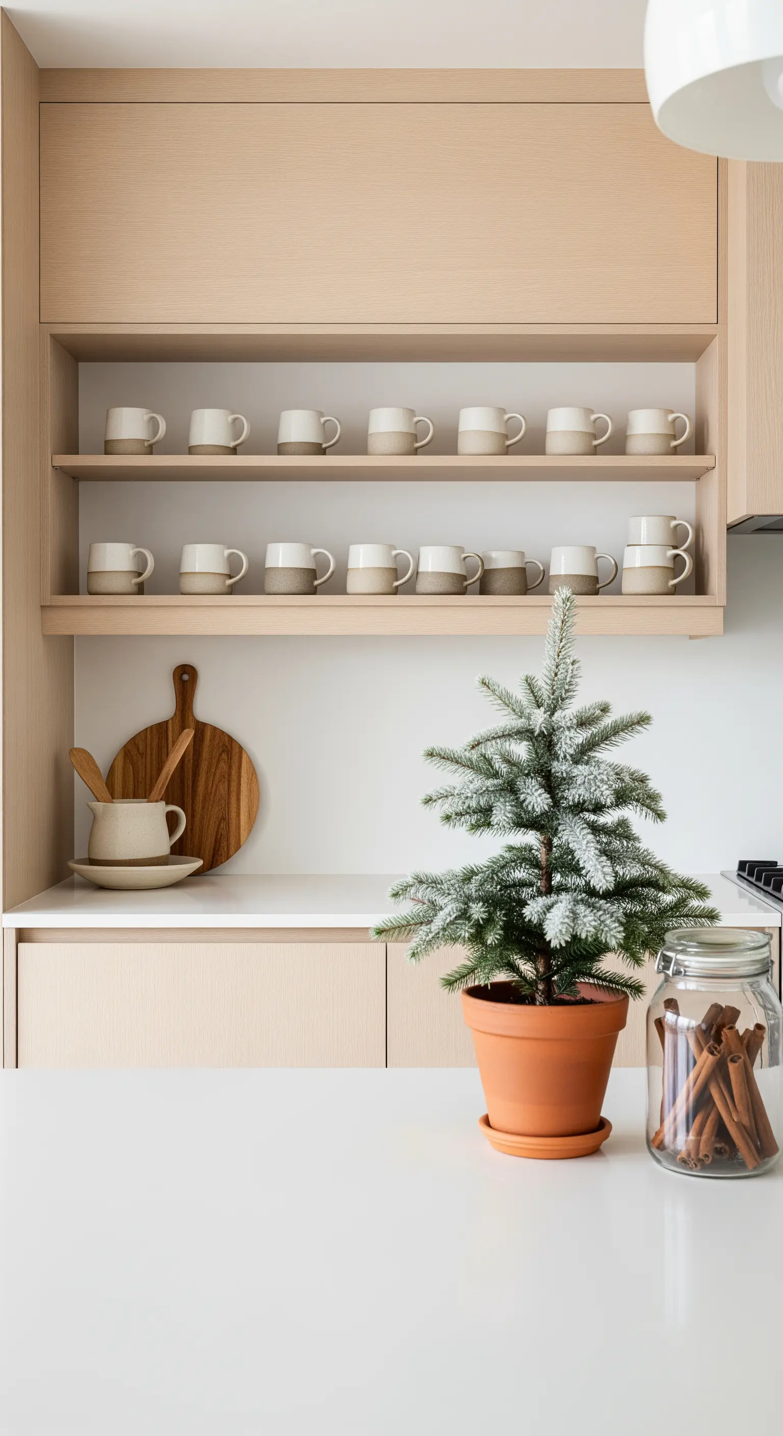 Minimalistische Küche mit kleinem Nadelbaum im Topf und einem Glas mit Zimtstangen.