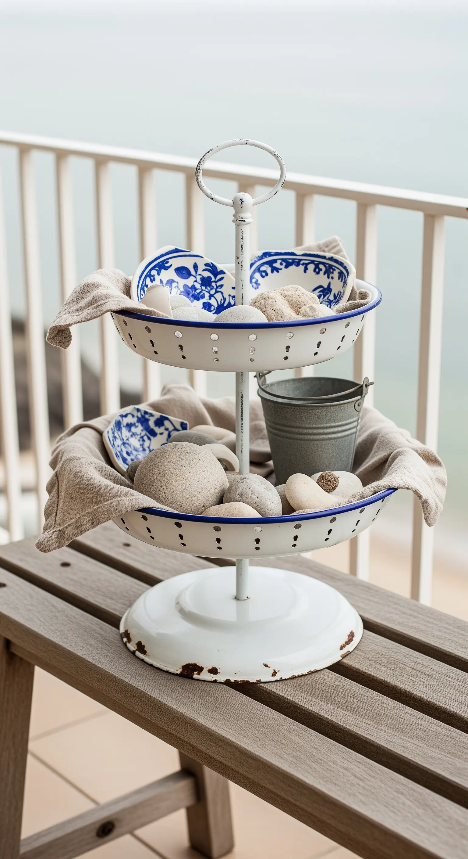 Weiße Emaille-Etagere im Vintage-Look mit Steinen, Muscheln und Leinenstoff auf einem Holztisch.